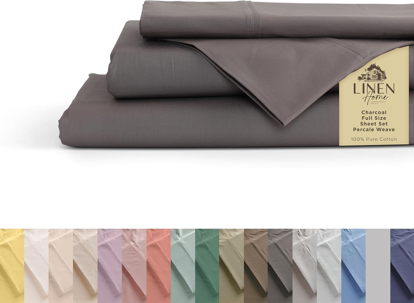 Linen Home 100% Cotton Percale Sheets Twin XL Size, Charcoal, Deep Pocket, 3 Pieces Set - 1 Flat, 1 Deep Pocket Fitted Sheet and 1 Pillowcase, Crisp Cool and Strong Bed Linen