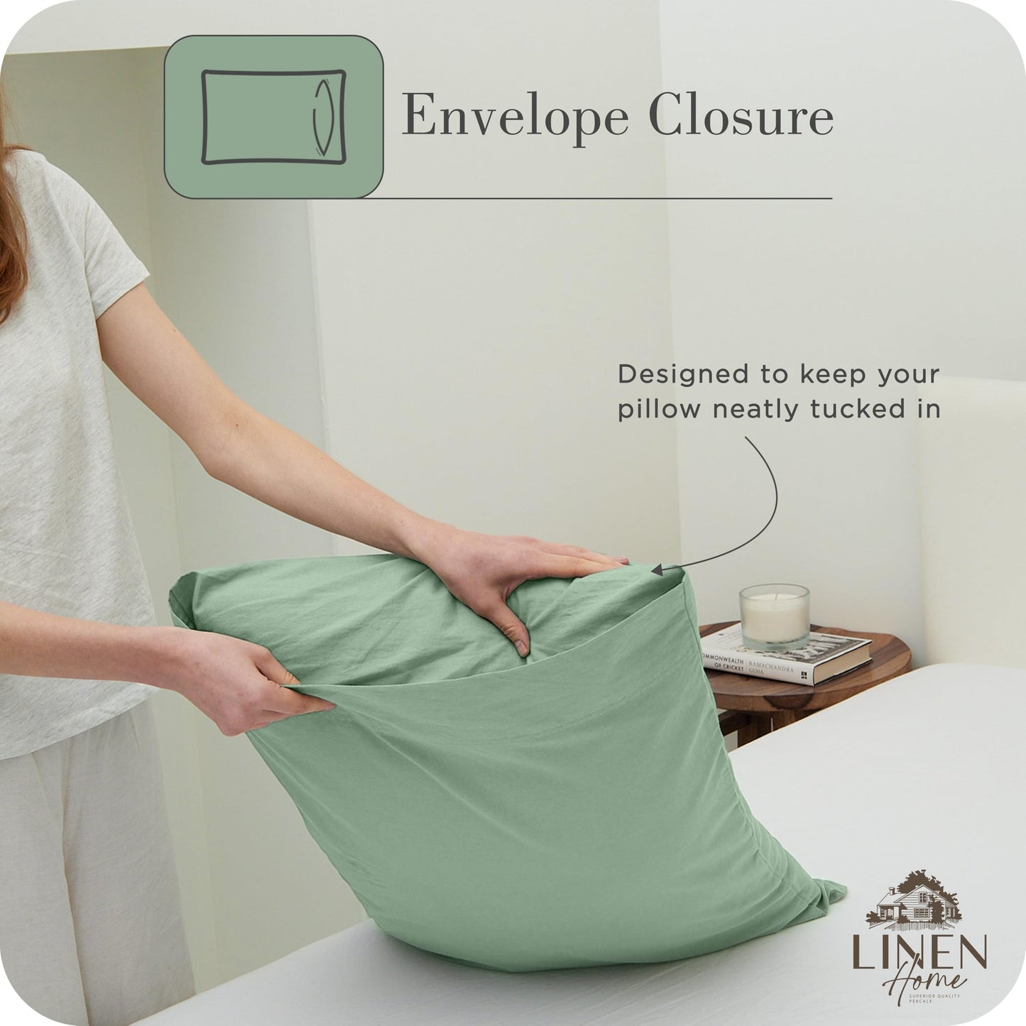 Linen Home Washed Cotton Percale Full Sheet Set, Sage, Preshrunk, 4 Pieces Sets - 1 Flat, 1 Deep Pocket Fitted Sheet & 2 Envelope Closure Pillowcases, Soft, Cool and Comfortable Bed Linen