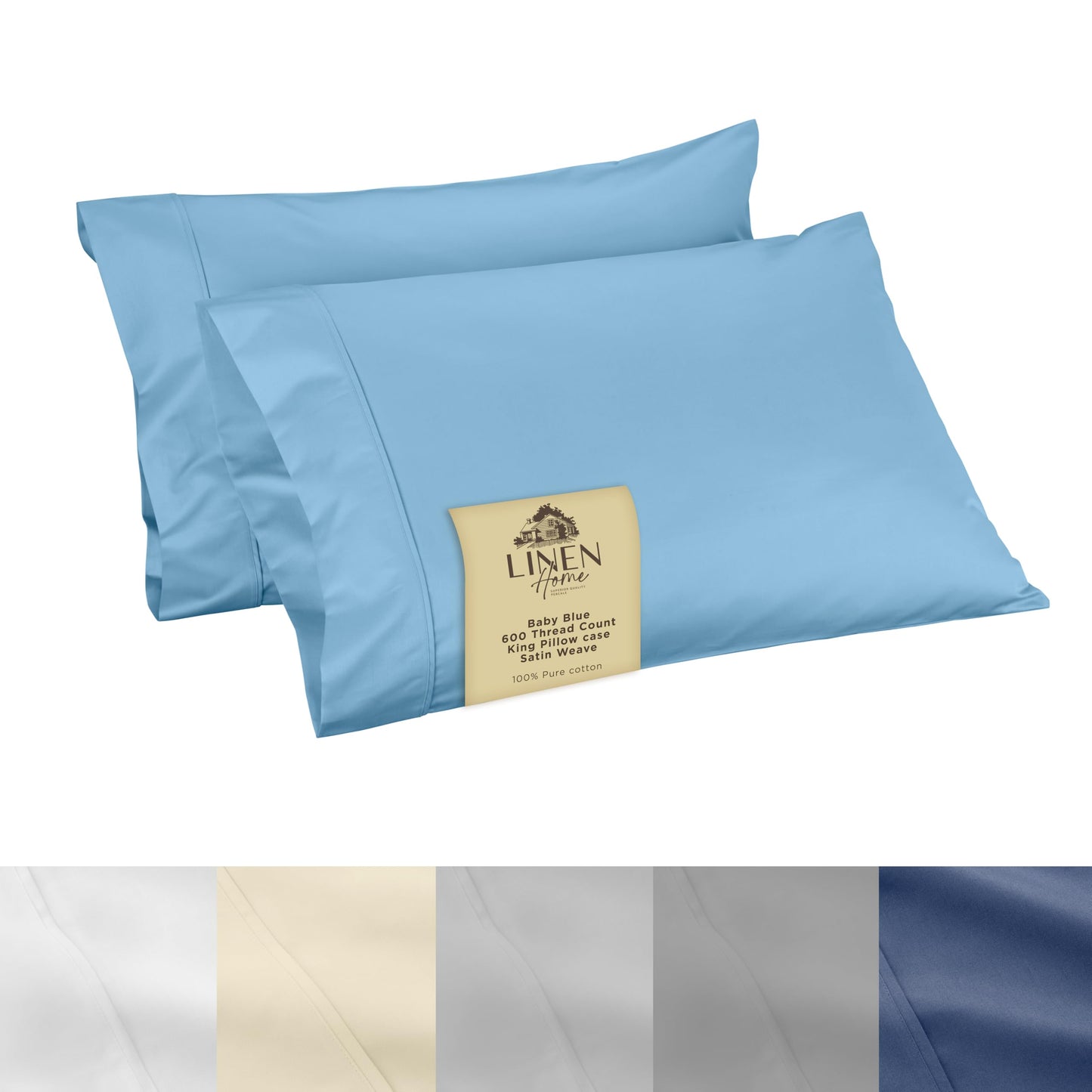 Linen Home 600 Thread Count King Pillowcase Set | 100% Long-Staple Cotton Pillow Cases | Soft & Smooth Luxury Satin Set of 2 Pillowcases | 4 Inch Z Hem | Baby Blue