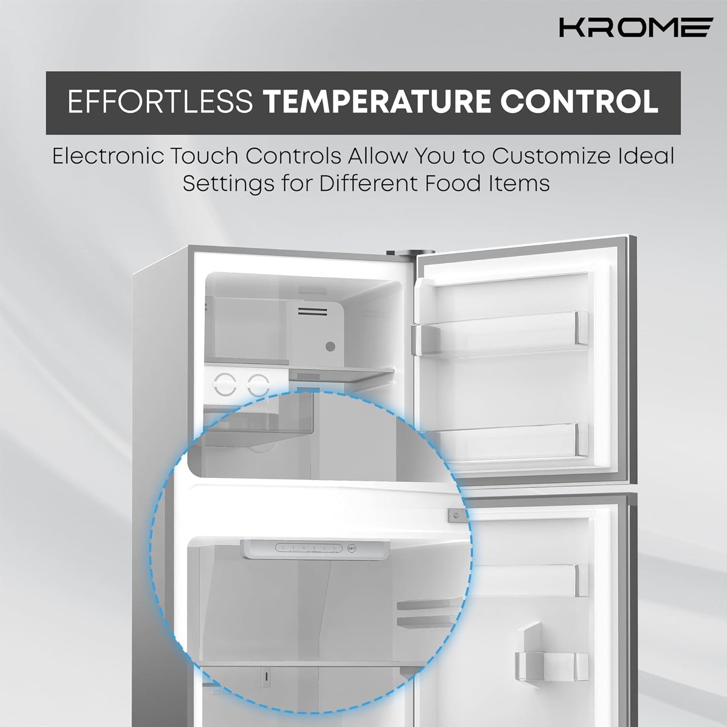 KROME 260L Gross,Double Door Top Mounted Refrigerator with Multi Air Flow System,No-Frost Cooling with Electronic Touch Temperature Control,Door Alarm, Silver, 10 Year Compressor Warranty-KR RFF 260SM