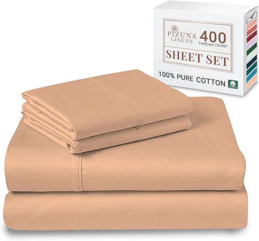 Pizuna Pure 100% Cotton King Size Sheets Set Light Orange, Luxurious 400 Thread Count Long Staple Cotton Sateen Sheets with 15" Deep Pocket (Cotton Bed Sheet Set - 4PC)