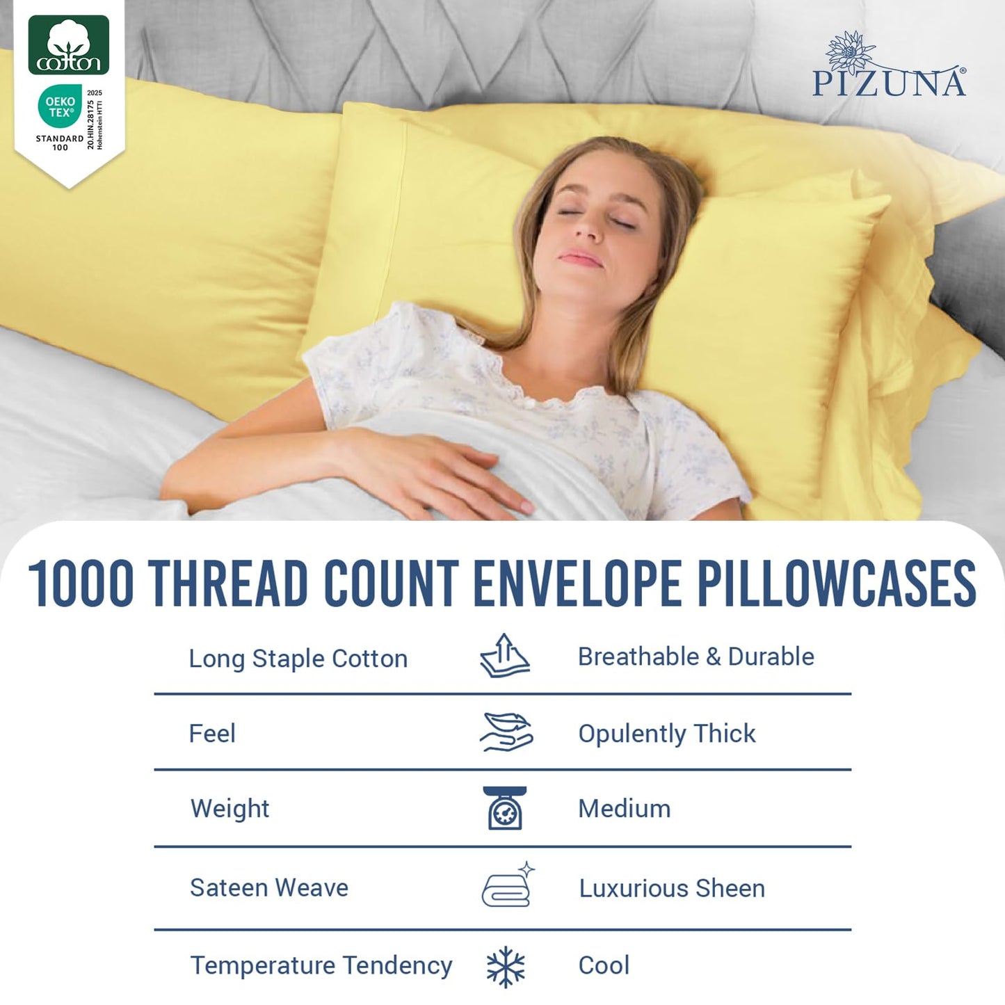 Pizuna 100% Luxury Cotton King Size Pillow Case Dark Blue, 1000 Thread Count 100% Long Staple Cotton Sateen Pillowcase, Pillow Covers with Stylish 4" Hem (Combed Cotton King Pillowcase Set of 2)