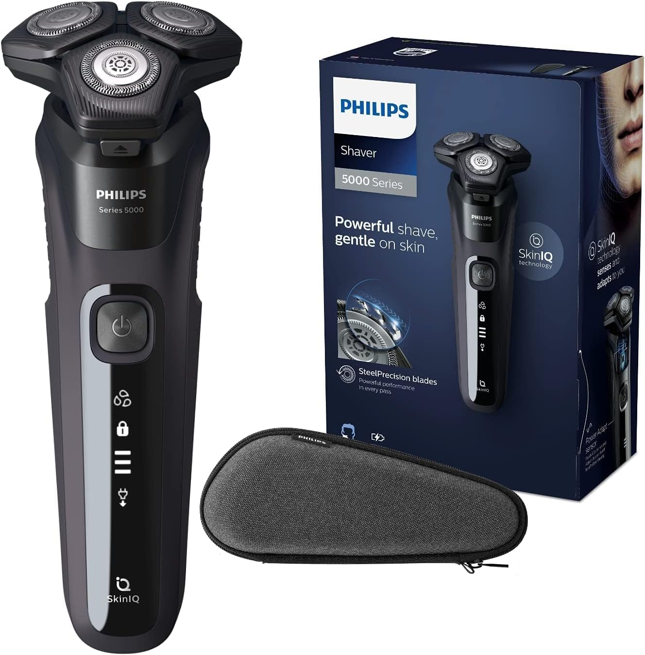 PHILIPS Shaver Series 5000 with Advanced SkinIQ, Wet & Dry Men's Electric Shaver with Integrated Pop-up Trimmer, 60 mins Run Time - S5588/30, Deep Black, [comes with UK Plug]