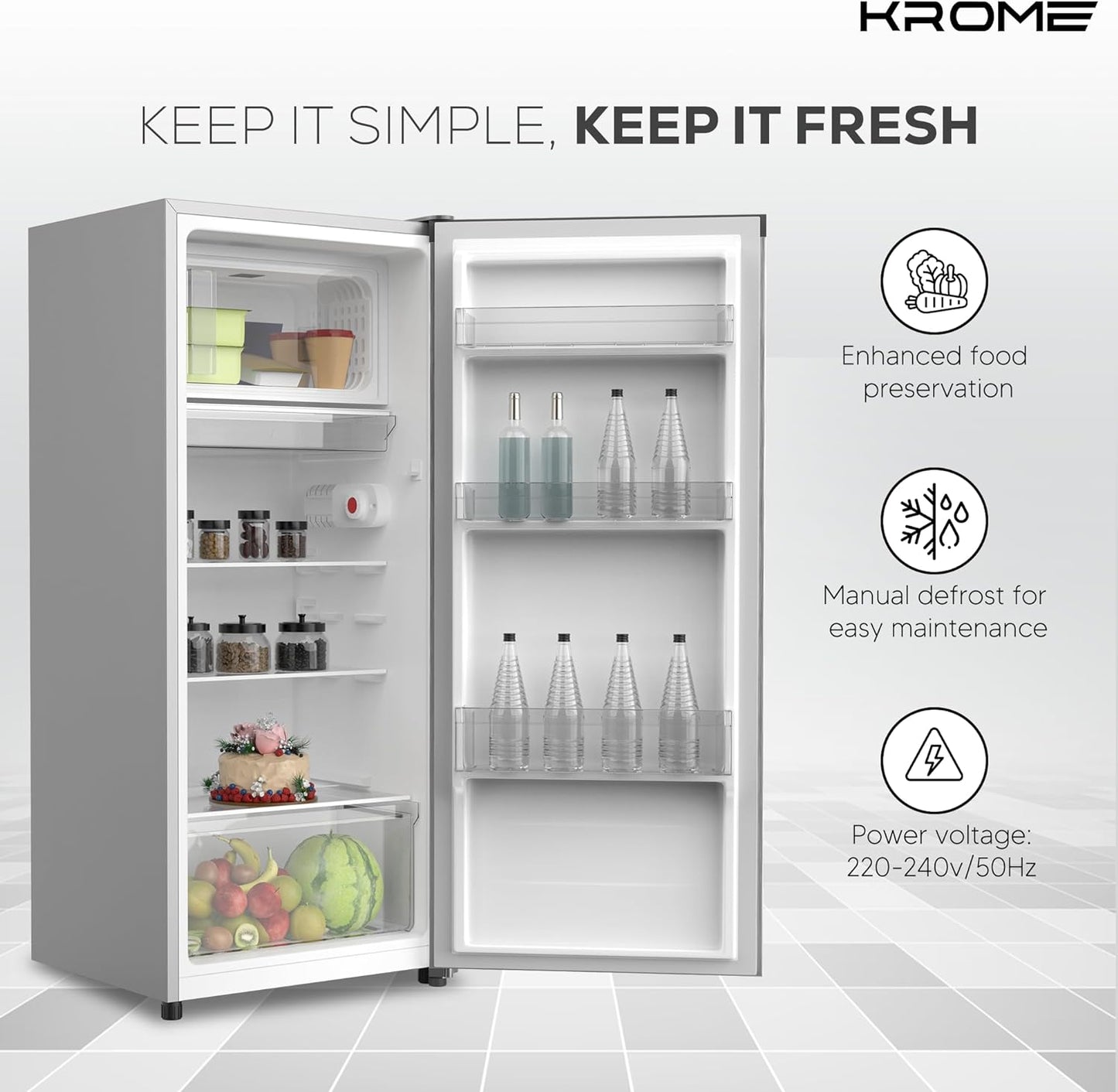 KROME 60L Gross, Single Door Compact Refrigerator, Energy Class A+, Reversible Door, Mini Fridge Suitable for Kitchen, Bedroom Office & Minibar, INOX Color, 5 Year Compressor Warranty- KR-RDC60H