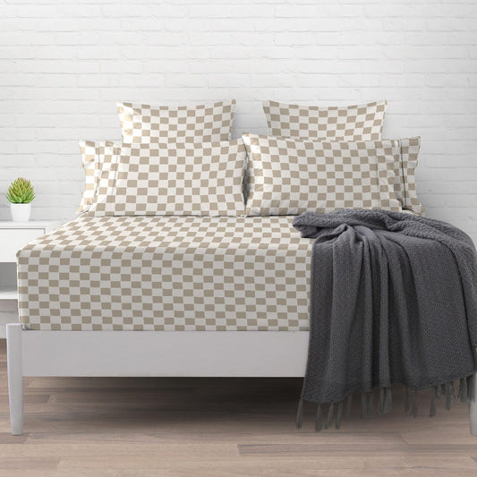 Pizuna Cotton Twin XL Fitted Taupe Smart Plaid Sheet 1 Pc 400 Thread Count 100% Long Staple Cotton Sheets Sateen Printed Twin XL Sheets 15Inch Deep Pocket Fitted Sheet (Twin XL Fitted Sheet)
