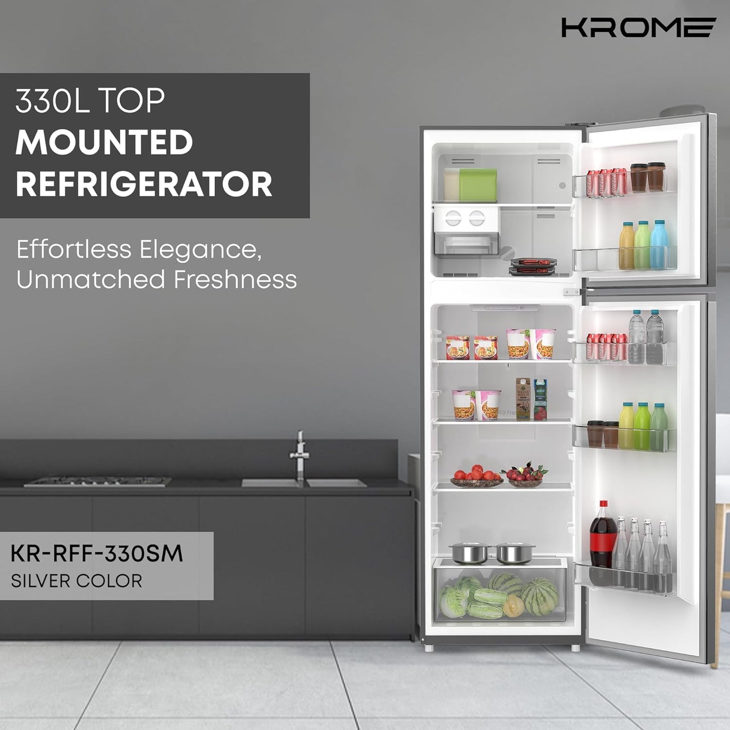 KROME 330L Gross,Double Door Top Mounted Refrigerator with Multi Air Flow System,No-Frost Cooling with Electronic Touch Temperature Control,Door Alarm,Silver,10 Year Compressor Warranty - KR-RFF 330SM