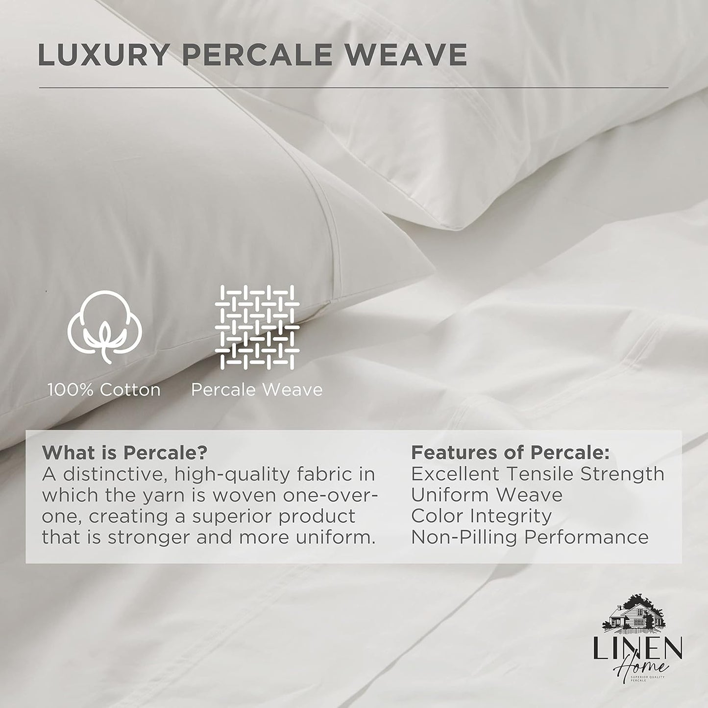 Linen Home 100% Cotton Percale Weave Fitted Sheet, King Size, White, 1 Deep Pocket Fitted Sheet, Fits Mattress Upto 16" Crisp and Cool Strong Bed Linen, 78"X80"+15"