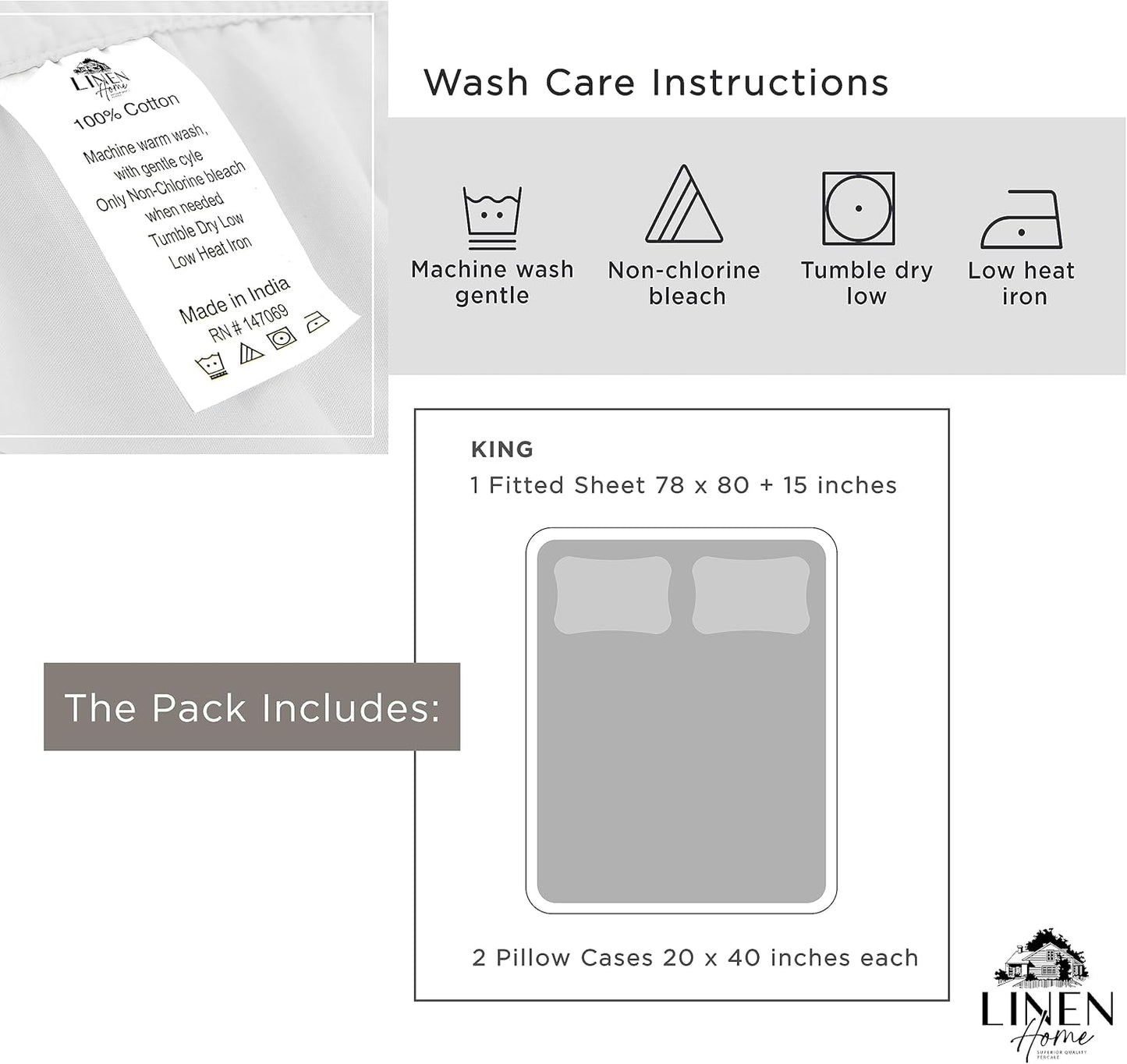 Linen Home 100% Cotton Percale Fitted Sheet Set King Size, Ivory, Deep Pocket, 3 Piece - 1 Deep Pocket Fitted Sheet and 2 Pillowcases, Crisp Cool and Strong Bed Linen