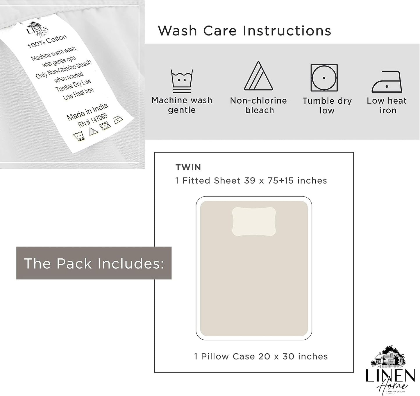 Linen Home 100% Cotton Percale Fitted Sheet Set King Size, Ivory, Deep Pocket, 3 Piece - 1 Deep Pocket Fitted Sheet and 2 Pillowcases, Crisp Cool and Strong Bed Linen
