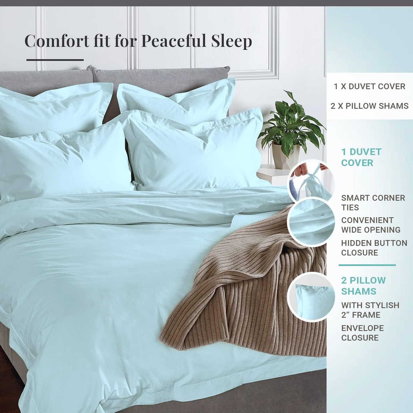600 Thread Count 3 Piece Duvet Cover Set, 100% Long Staple Cotton Baby Blue King Quilt Cover, Luxury Soft Sateen Weave Bedding Set with Button Closure (Baby Blue King/Cal King 3PC Duvet Cover Set)