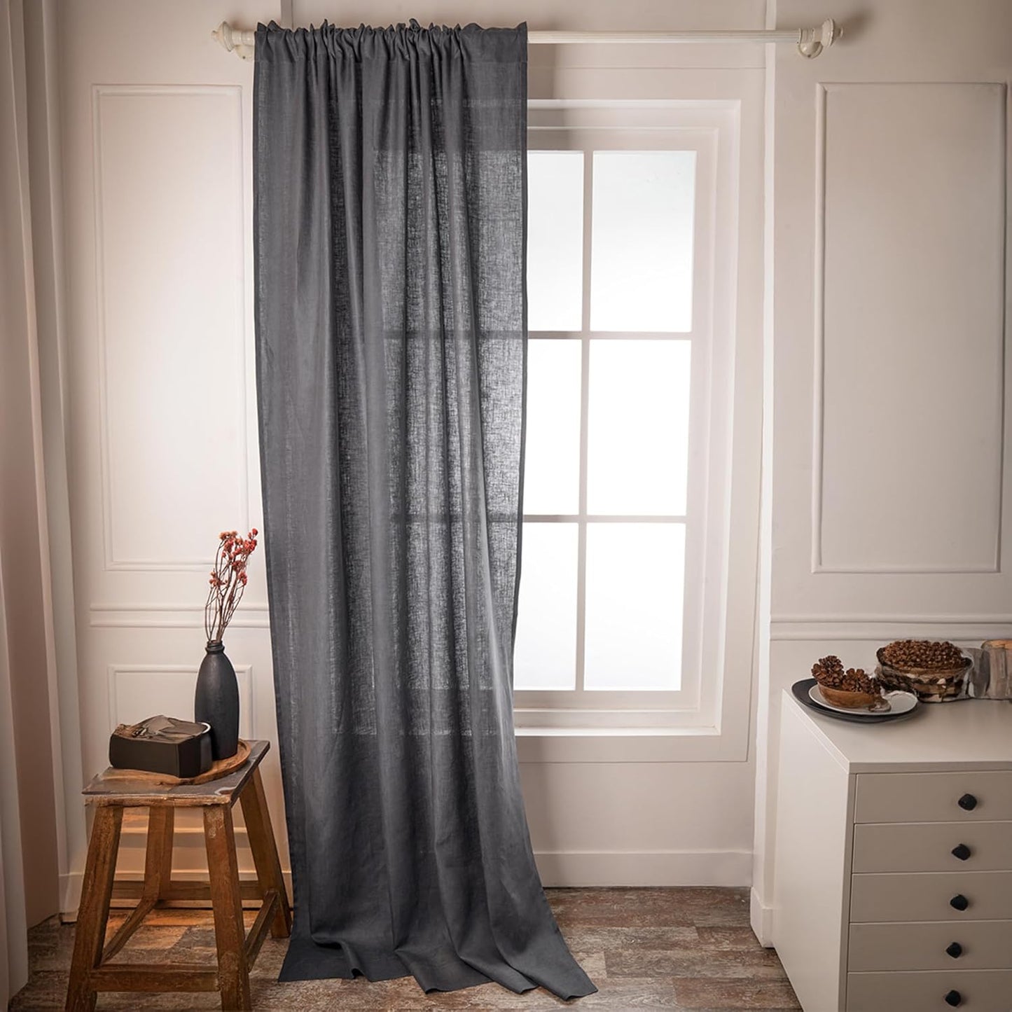 D'Moksha Homes Charcoal Grey Linen Curtain 52 x 96 Inch - Light Filtering Rod Pocket Curtain 96 Inch 1 Panel - 100% Pure Linen European Flax Window Treatment Panel for Living Room, Bedroom