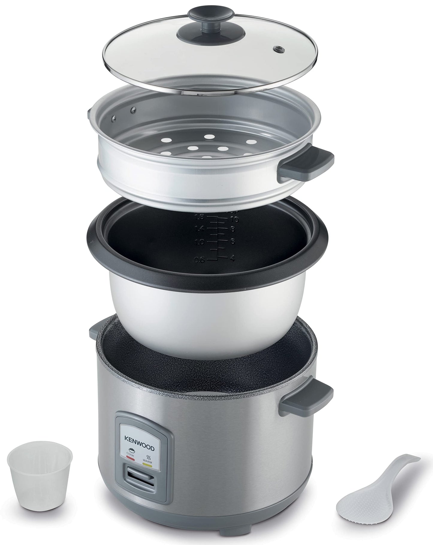 KENWOOD 2-in-1 Rice Cooker 1.8L 10-Cups Rice with Food Steamer Basket, Non-Stick Cooking Pot, Temepered Glass Lid, Warm/Cook Lights, Spatula Holder, Detachable Cord RCM44.000RD Red