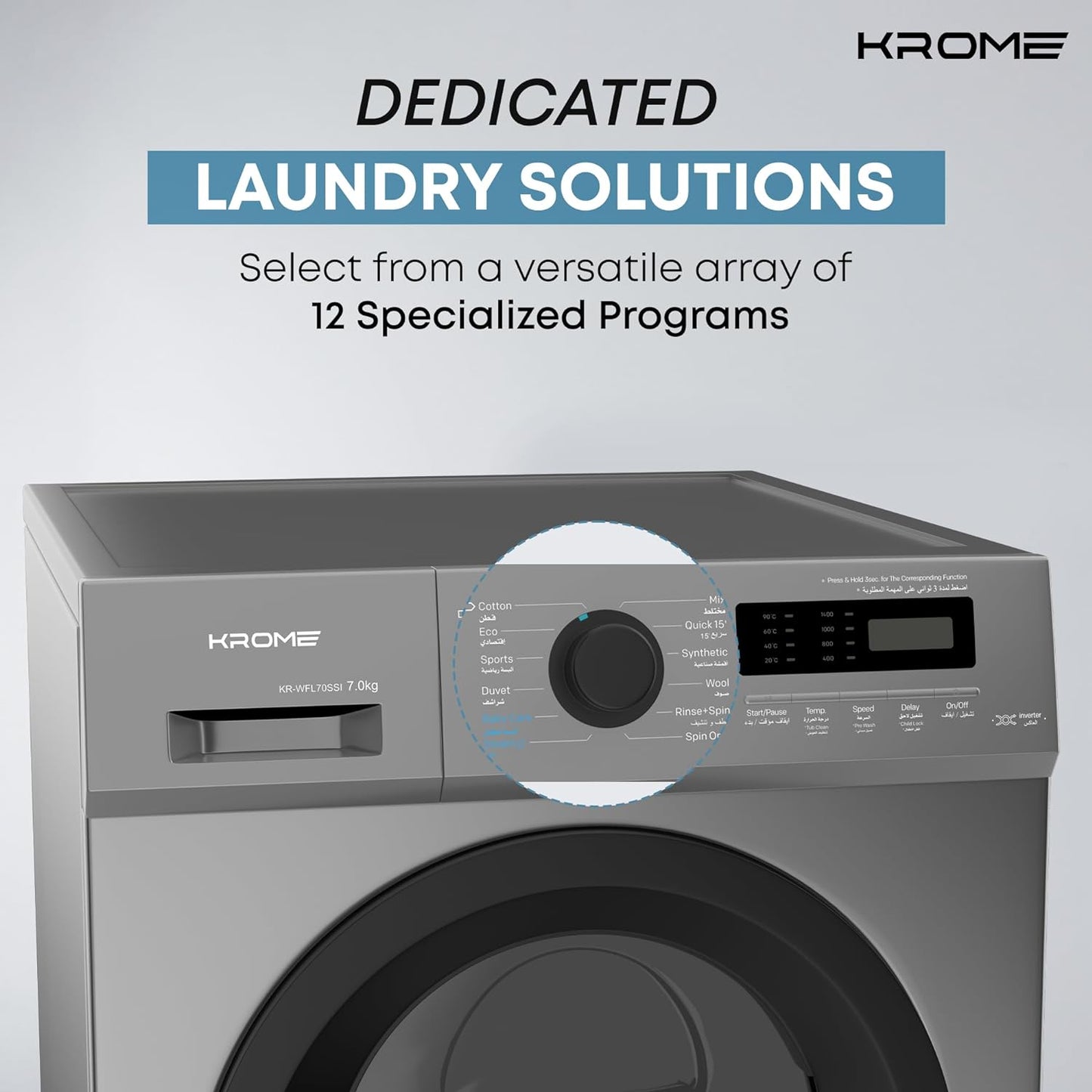 KROME 7Kg 1400 RPM Front Loading Washing Machine, LED Display with BLDC Inverter Motor, 12 Wash Programs, 4 Star Energy Efficient with Variable Temperature Setting, White - KR-WFL70SI