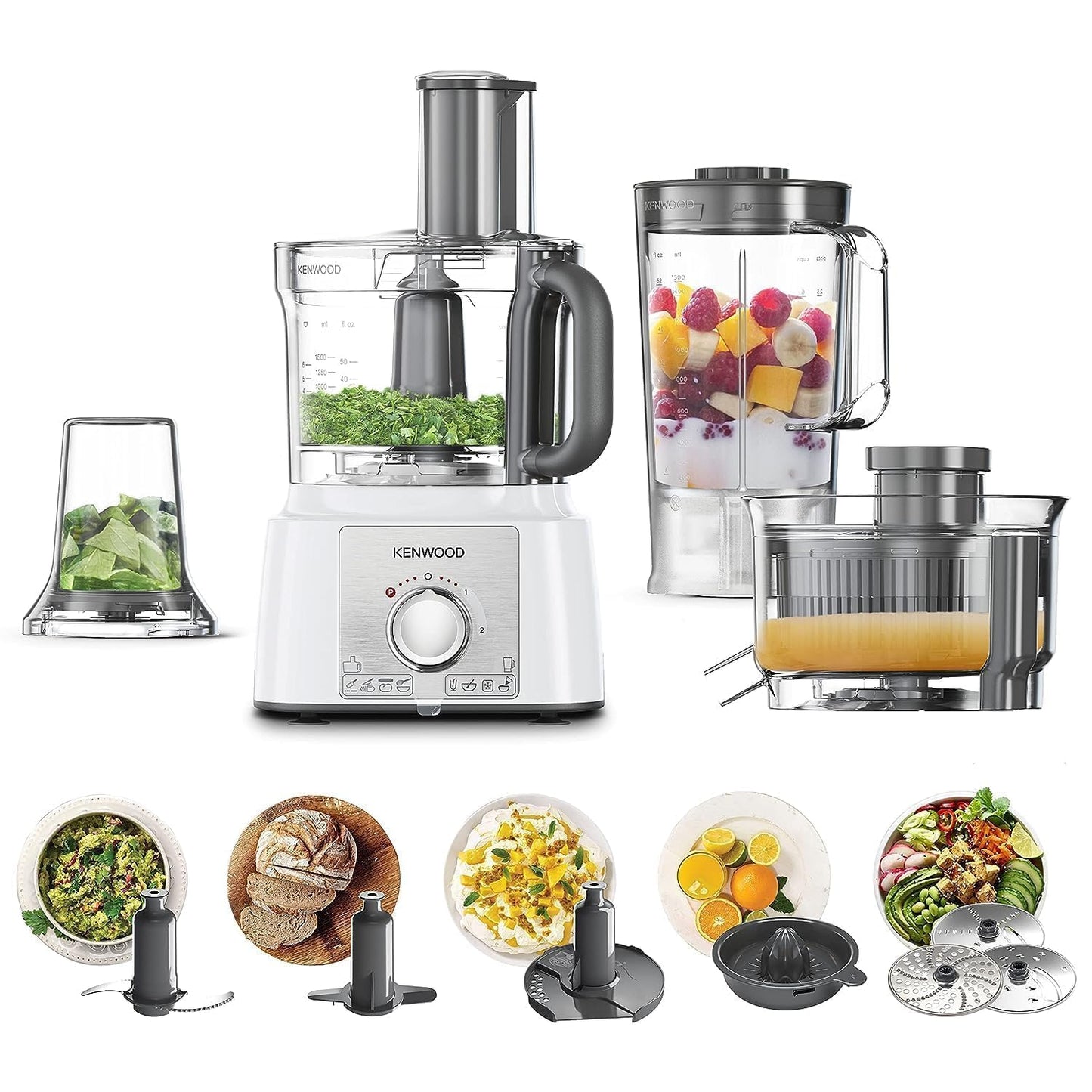 Kenwood Food Processor 1000W Multi-Functional With 3L Bowl, 2 Stainless Steel Disks, Blender, Grinder Mill, Whisk, Dough Maker Fdp65.400Wh White