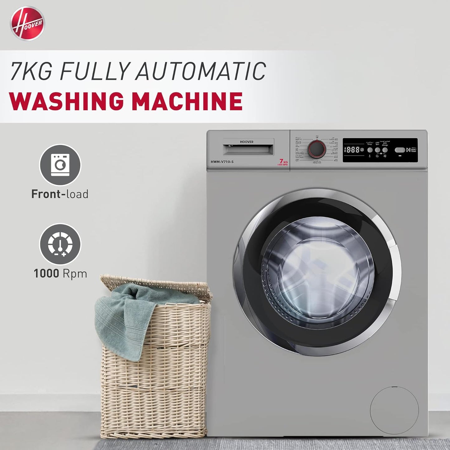 Hoover Hoover 6 Kg Front Load Fully Automatic Washing Machine, 1000 Rpm 15 Programs, Electronic Control System, Easy To Operate Clothes Washer, Made In Turkey, HWM-V610-S (Silver)