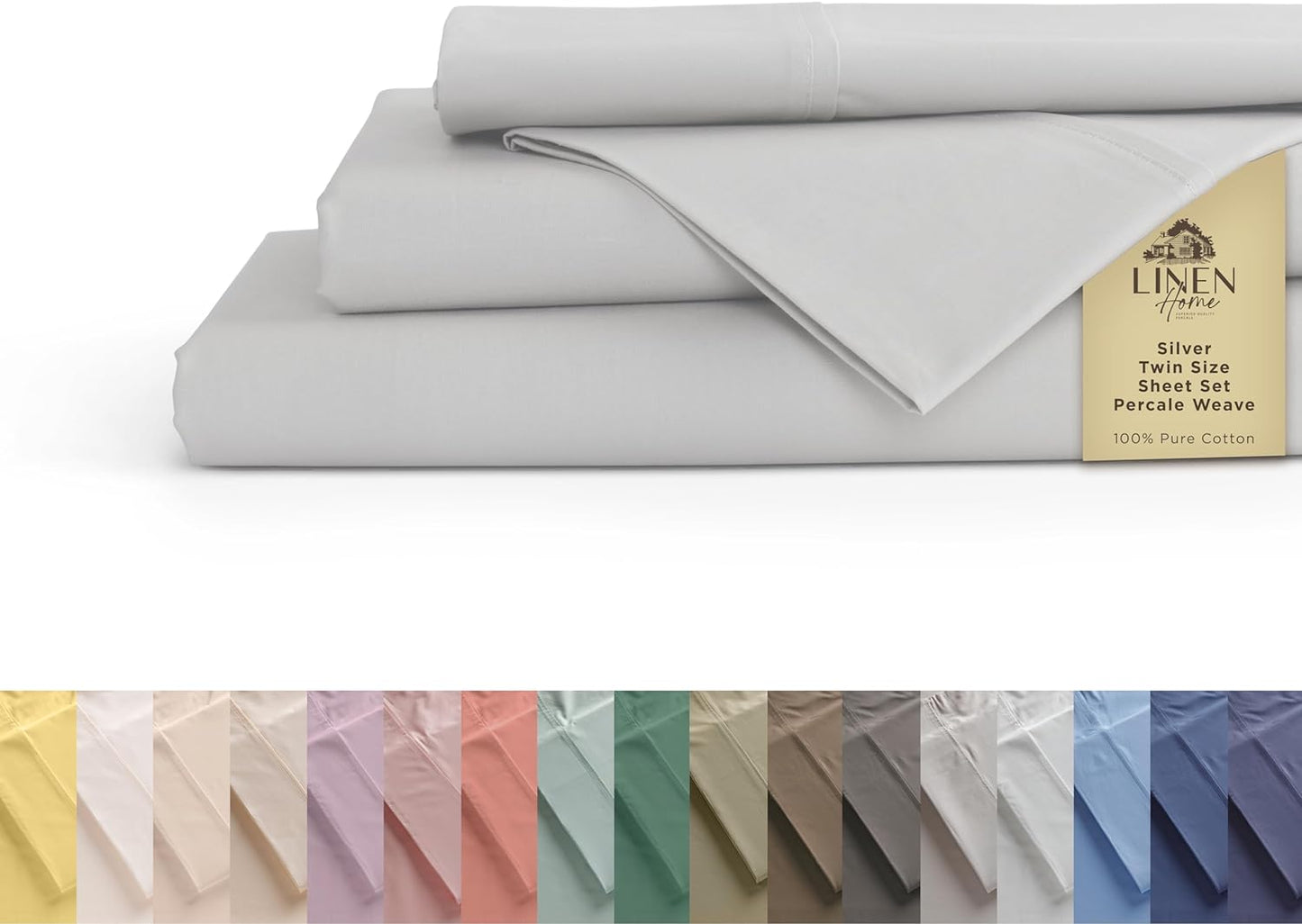 Linen Home 100% Cotton Percale Sheets Full Size, Dove Grey, Deep Pocket, 4 Pieces Set - 1 Flat, 1 Deep Pocket Fitted Sheet and 2 Pillowcases, Crisp Cool and Strong Bed Linen