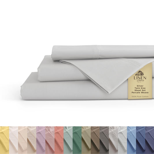 Linen Home 100% Cotton Percale Sheets Queen Size, White, Deep Pocket, 4 Pieces Set - 1 Flat, 1 Deep Pocket Fitted Sheet and 2 Pillowcases, Crisp Cool and Strong Bed Linen