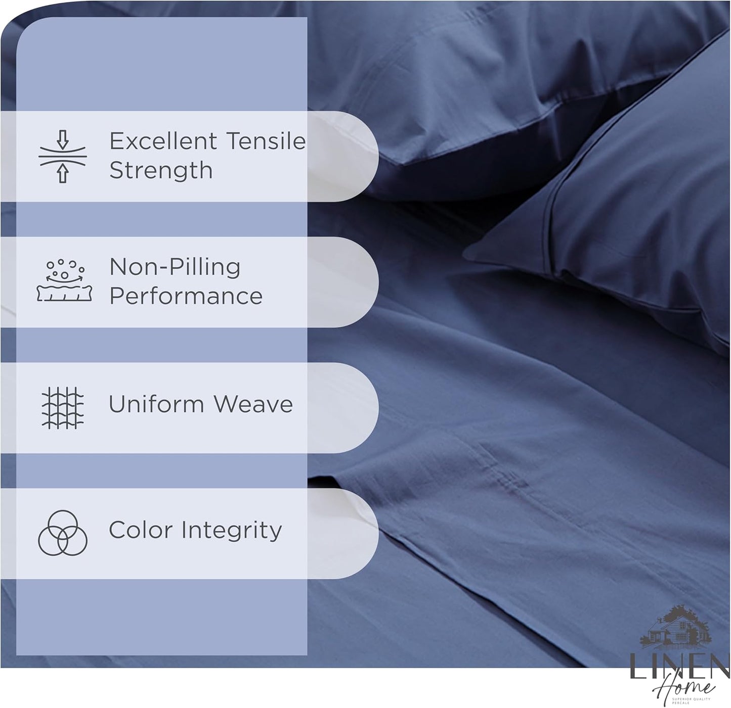 Linen Home 100% Cotton Percale Sheets Twin Size, Dark Blue, Deep Pocket, 3 Pieces Set - 1 Flat, 1 Deep Pocket Fitted Sheet and 1 Pillowcase, Crisp Cool and Strong Bed Linen