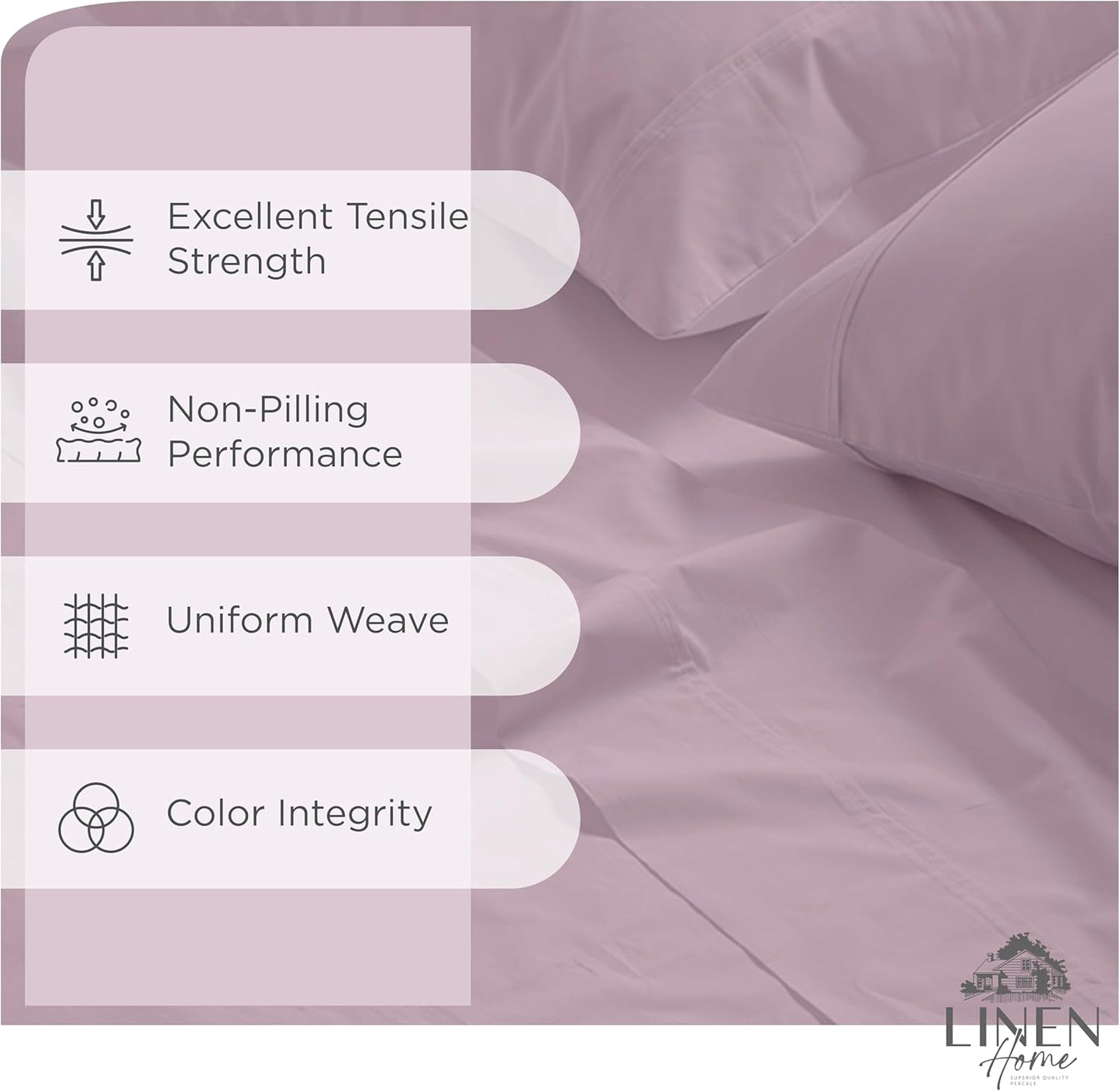Linen Home 100% Cotton Percale Sheets King Size, Mauve Lavender, Deep Pocket, 4 Pieces Set - 1 Flat, 1 Deep Pocket Fitted Sheet and 2 Pillowcases, Crisp Cool and Strong Bed Linen
