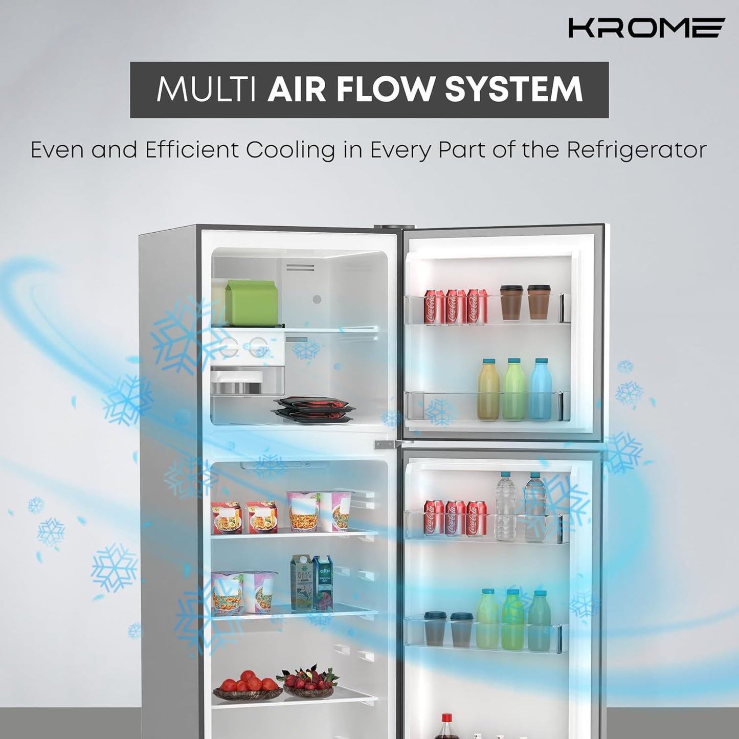 KROME 330L Gross,Double Door Top Mounted Refrigerator with Multi Air Flow System,No-Frost Cooling with Electronic Touch Temperature Control,Door Alarm,Silver,10 Year Compressor Warranty - KR-RFF 330SM