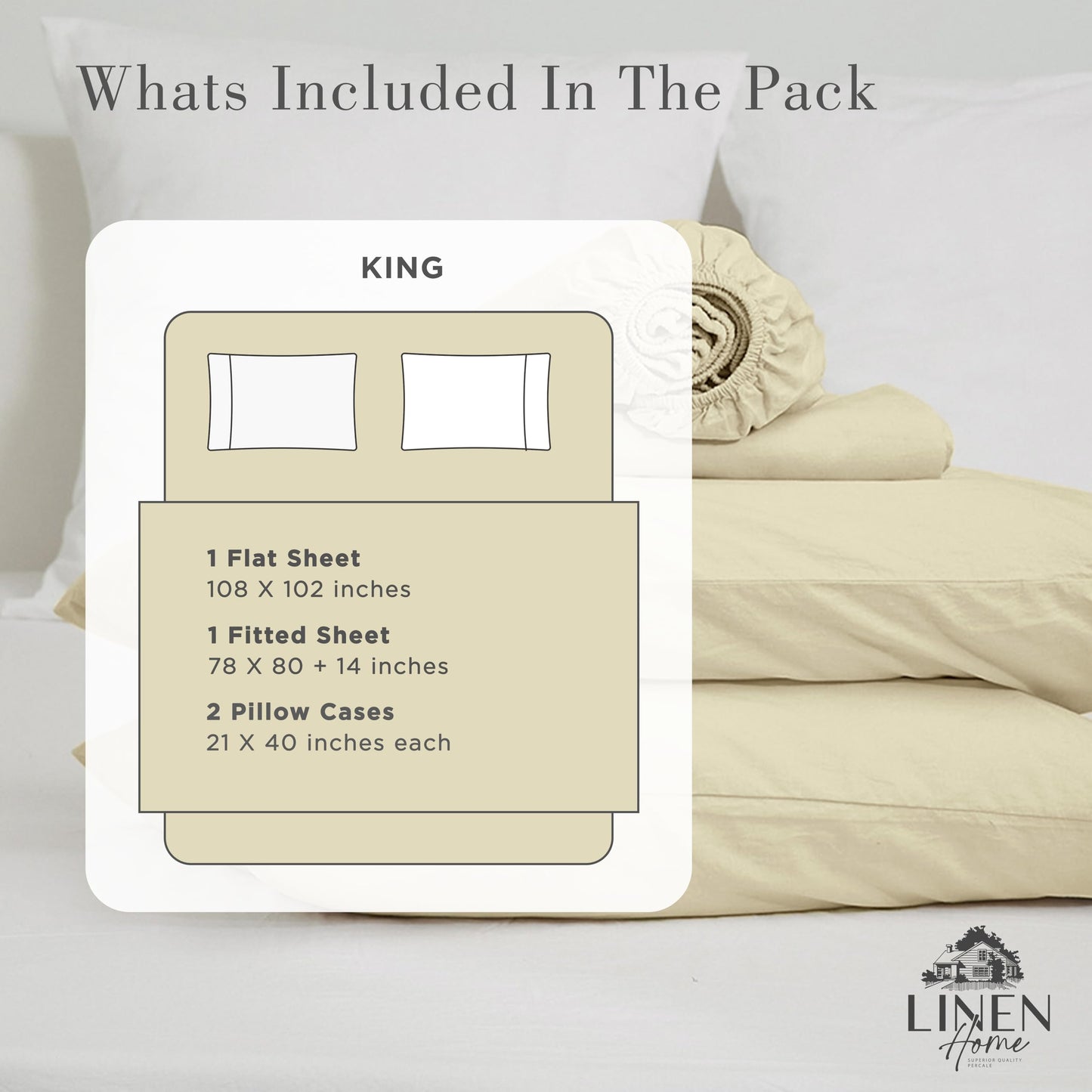 Linen Home Washed Cotton Percale Full Sheet Set, Sage, Preshrunk, 4 Pieces Sets - 1 Flat, 1 Deep Pocket Fitted Sheet & 2 Envelope Closure Pillowcases, Soft, Cool and Comfortable Bed Linen