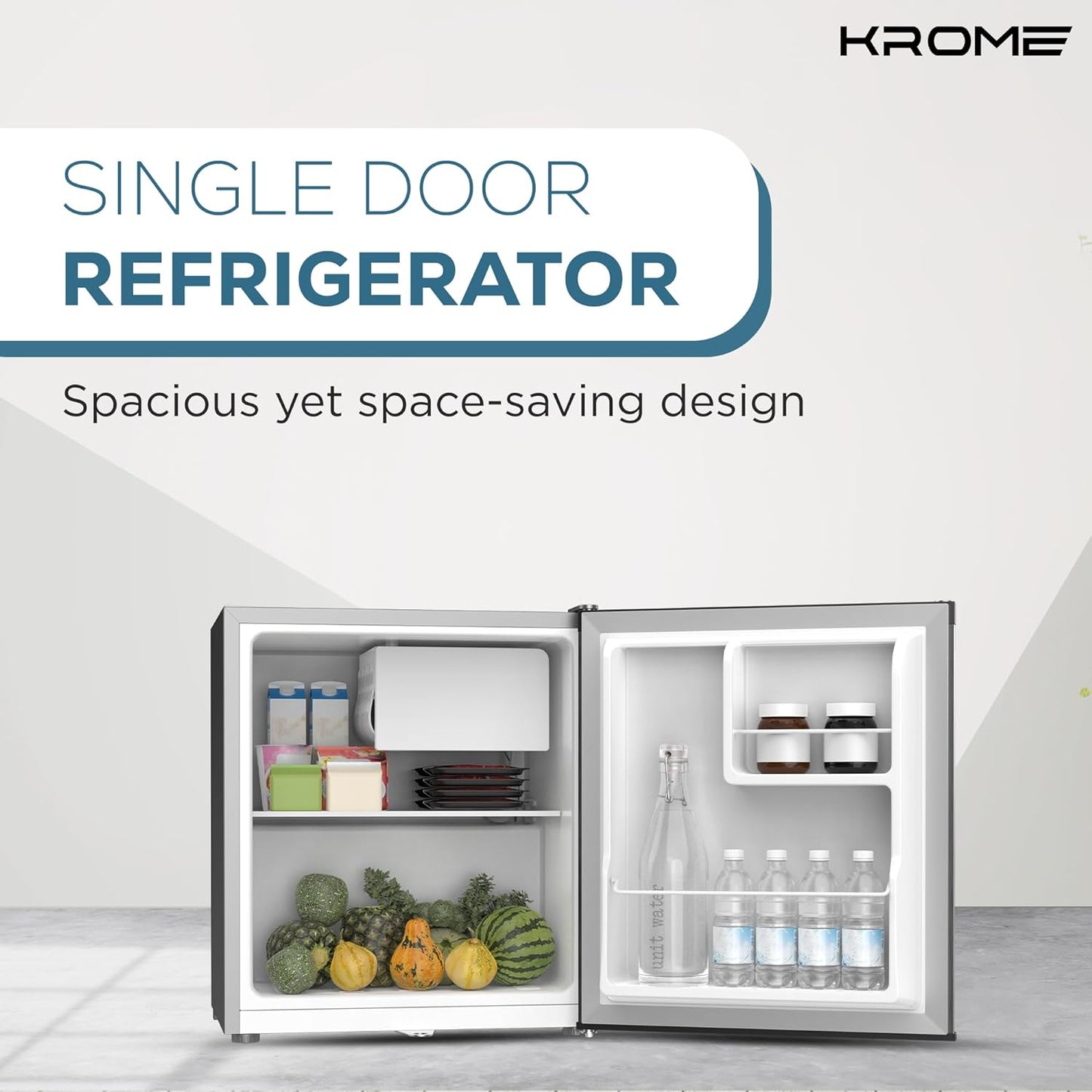 KROME 60L Gross, Single Door Compact Refrigerator, Energy Class A+, Reversible Door, Mini Fridge Suitable for Kitchen, Bedroom Office & Minibar, INOX Color, 5 Year Compressor Warranty- KR-RDC60H
