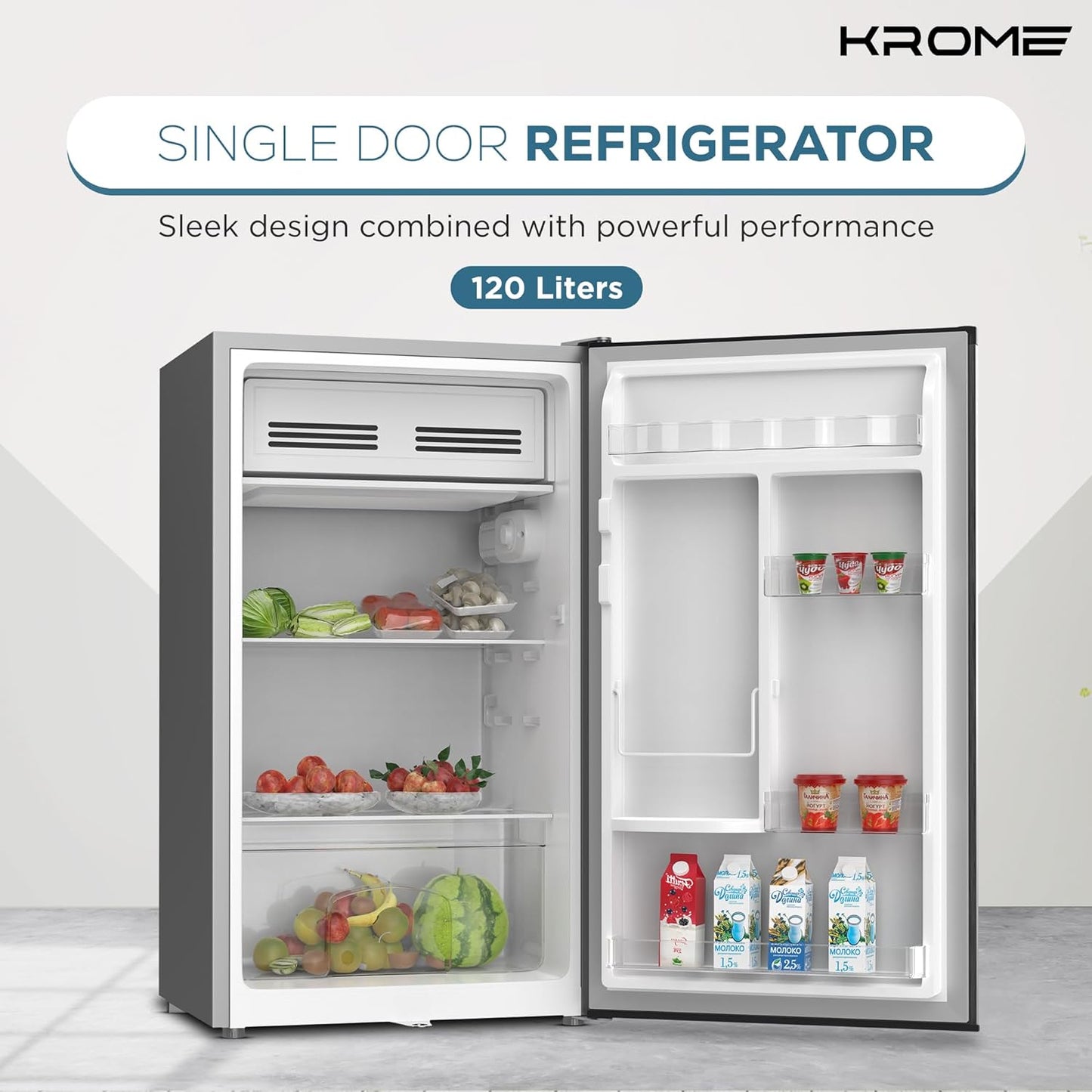 KROME 60L Gross, Single Door Compact Refrigerator, Energy Class A+, Reversible Door, Mini Fridge Suitable for Kitchen, Bedroom Office & Minibar, INOX Color, 5 Year Compressor Warranty- KR-RDC60H