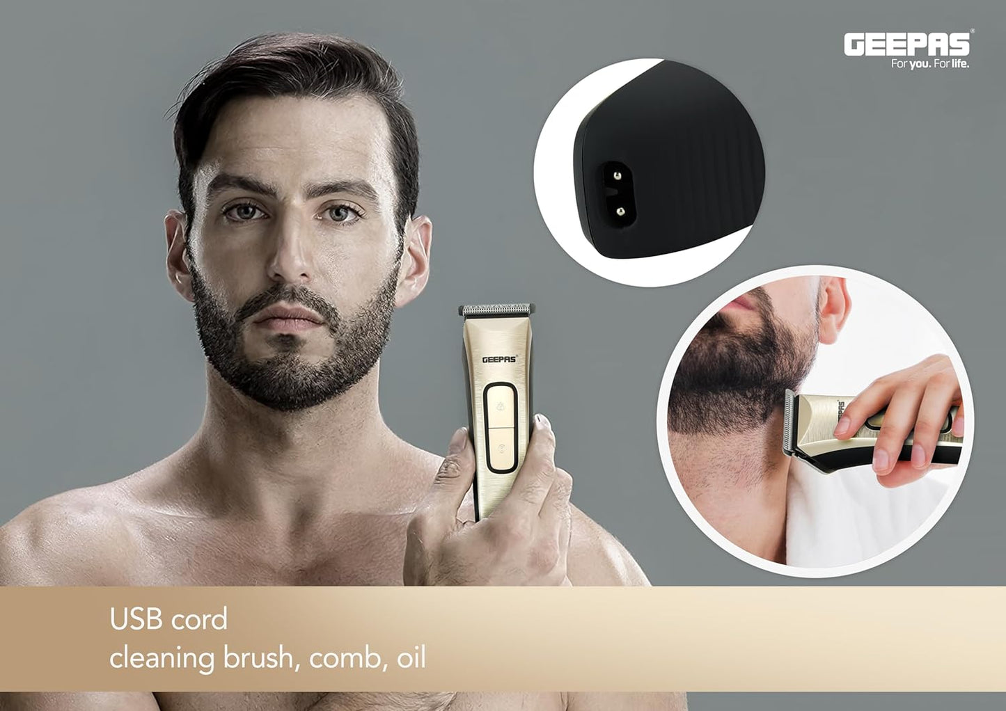 Geepas Rechargeable Hair Clipper- GTR1383| Cordless Hair and Beard Trimmer with High Capacity Battery| Includes 4 Comb Attachments| Precision Steel Blade for Constant Cutting| 2 Years Warranty