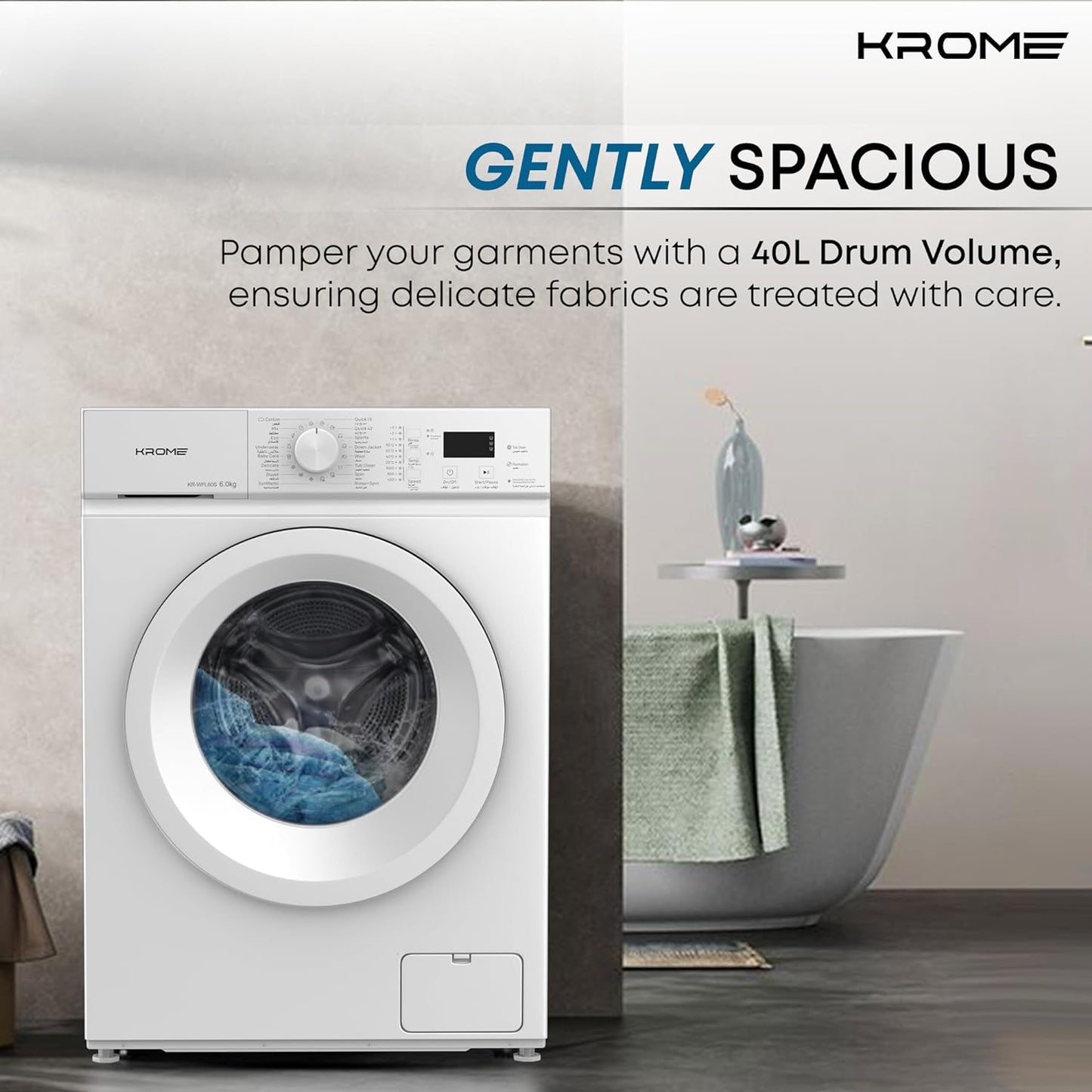 KROME 6Kg 1000 RPM Front Load Washing Machine, LED Display with Universal Motor, 5 Star Energy Efficient, 16 Wash Programs with Variable Temperature Setting,5 Year Motor Warranty White - KR-WFL60S