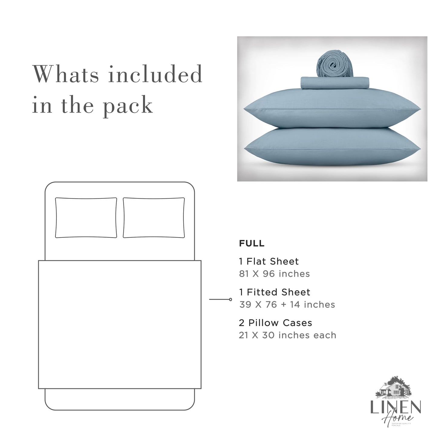 Linen Home Washed Cotton Percale Queen Sheet Set, Navy Blue, Preshrunk, 4 Pieces Sets - 1 Flat, 1 Deep Pocket Fitted Sheet & 2 Envelope Closure Pillowcases, Soft, Cool and Comfortable Bed Linen