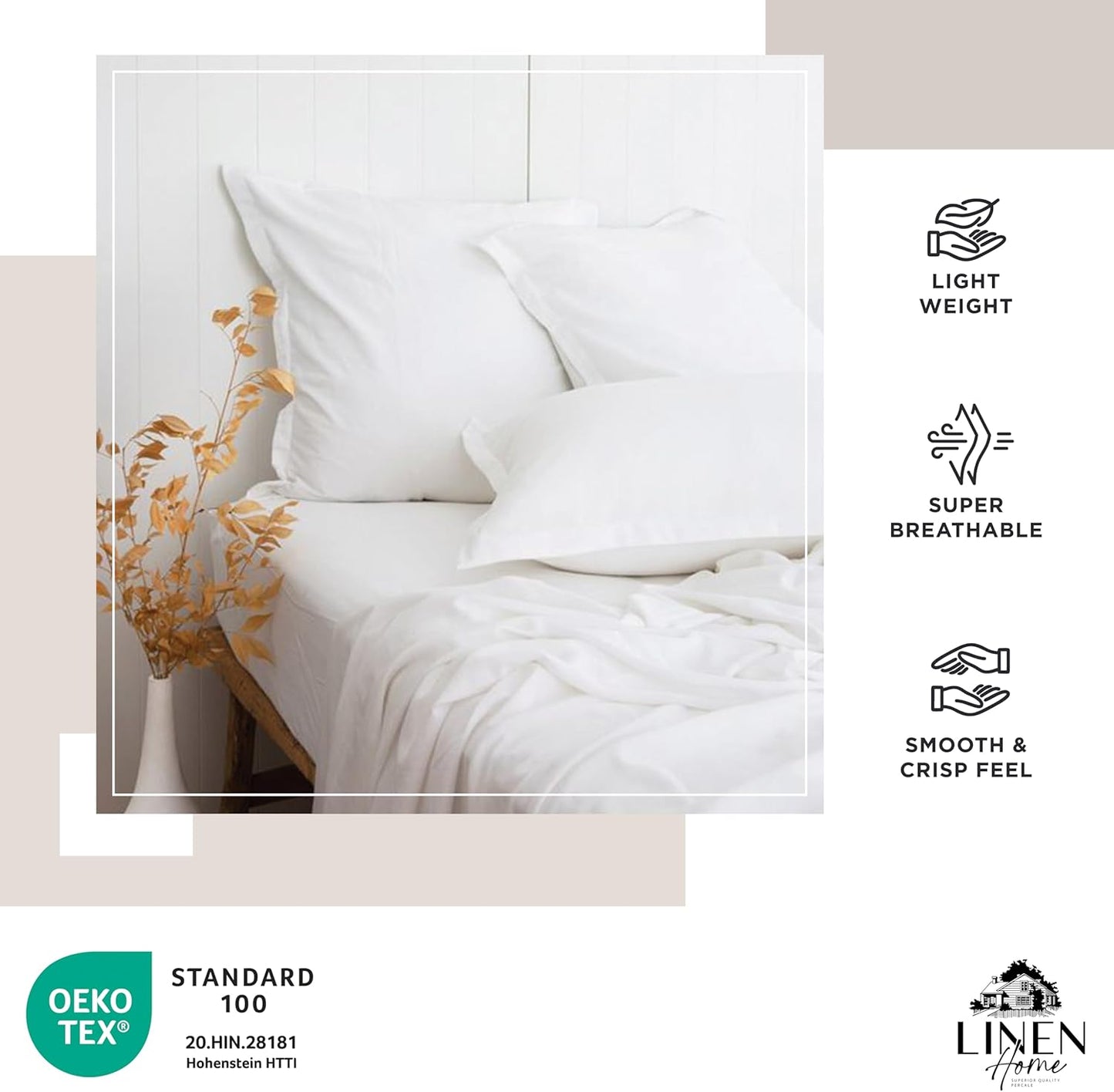 Linen Home 100% Cotton Percale Fitted Sheet Set King Size, Ivory, Deep Pocket, 3 Piece - 1 Deep Pocket Fitted Sheet and 2 Pillowcases, Crisp Cool and Strong Bed Linen