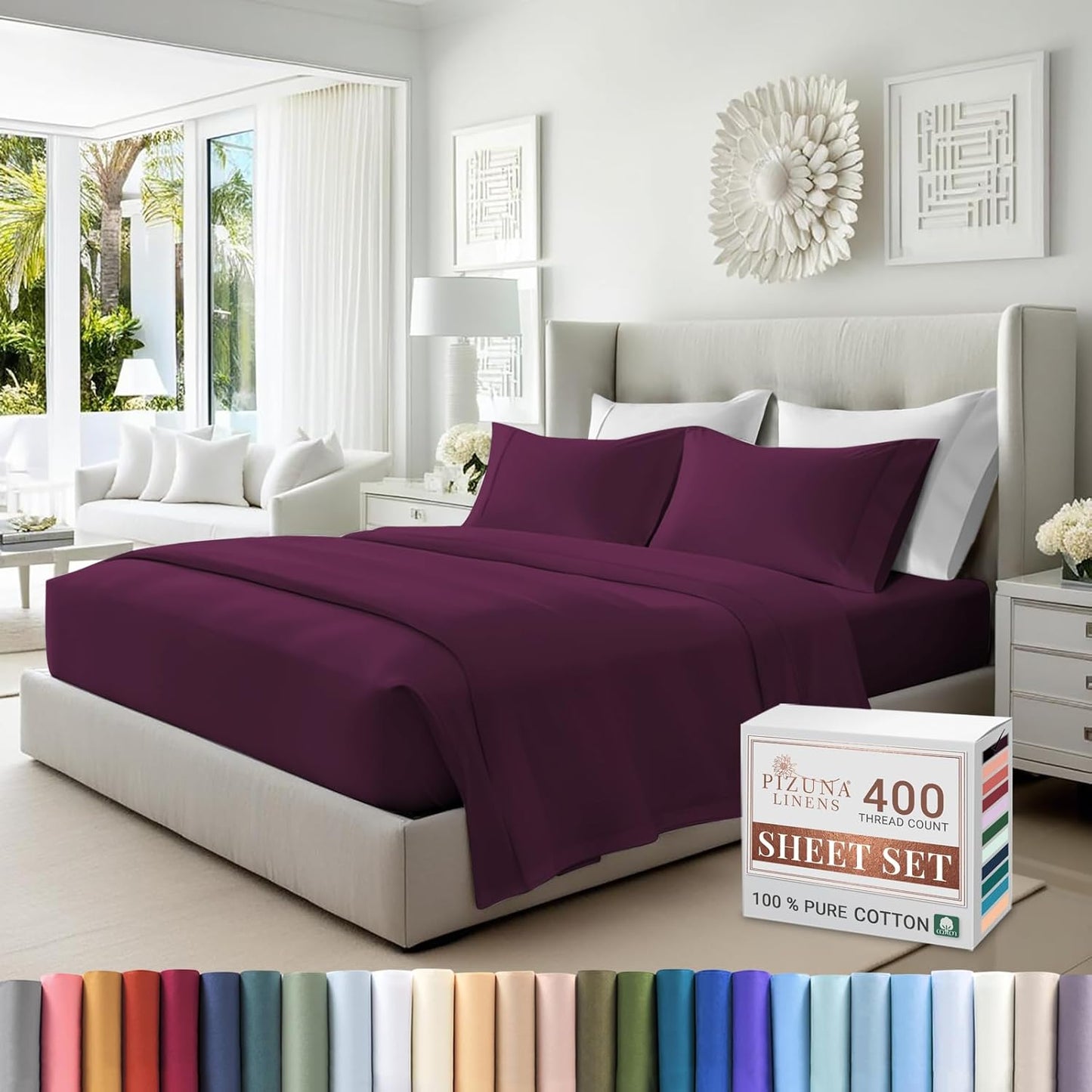 100% Cotton Sheets Full Size, Luxurious 400 Thread Count Long Staple Cotton Sateen Sheets with 15inch Deep Pocket (Combed Silver Sheet Full)