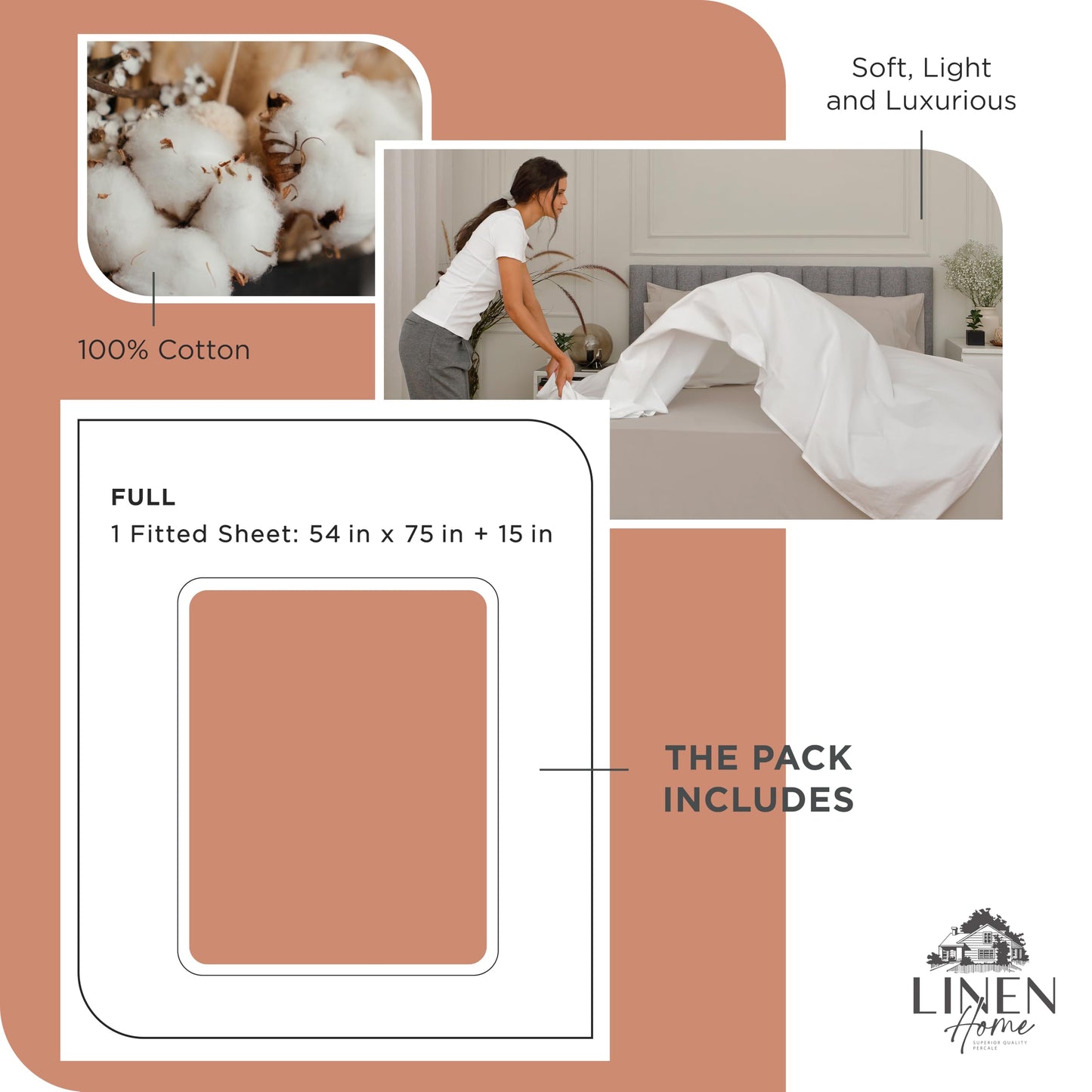 Linen Home 100% Cotton Percale Weave Fitted Sheet, Full Size, Charcoal, 1 Deep Pocket Fitted Sheet, Fits Mattress Upto 16" Crisp and Cool Strong Bed Linen, 54"X75"+15"
