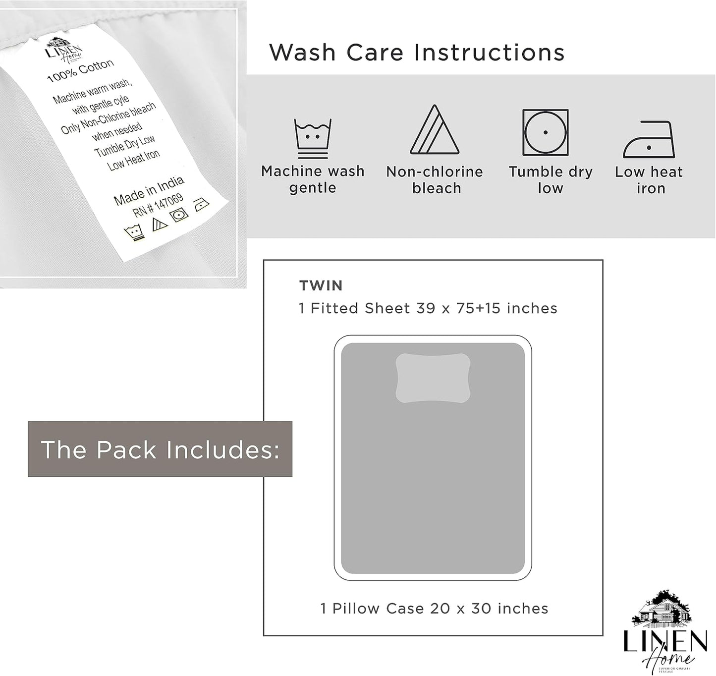 Linen Home 100% Cotton Percale Fitted Sheet Set King Size, Ivory, Deep Pocket, 3 Piece - 1 Deep Pocket Fitted Sheet and 2 Pillowcases, Crisp Cool and Strong Bed Linen