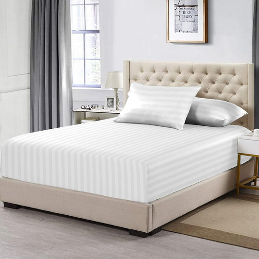 White Dobby Striped Cotton Full Size Fitted Sheet 1 Pc, 300 Thread Count Long Staple 100% Cotton Damask Full Size Fitted Sheet Only of 15 Inch Deep Pocket (White Striped Full Size Sheets 1 Pc) Pizuna