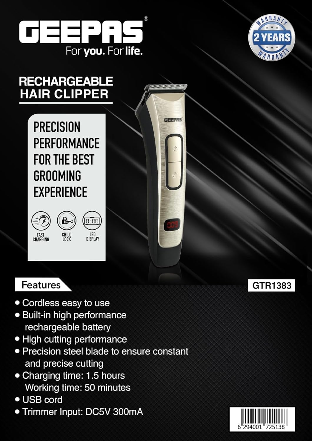 Geepas Rechargeable Hair Clipper- GTR1383| Cordless Hair and Beard Trimmer with High Capacity Battery| Includes 4 Comb Attachments| Precision Steel Blade for Constant Cutting| 2 Years Warranty