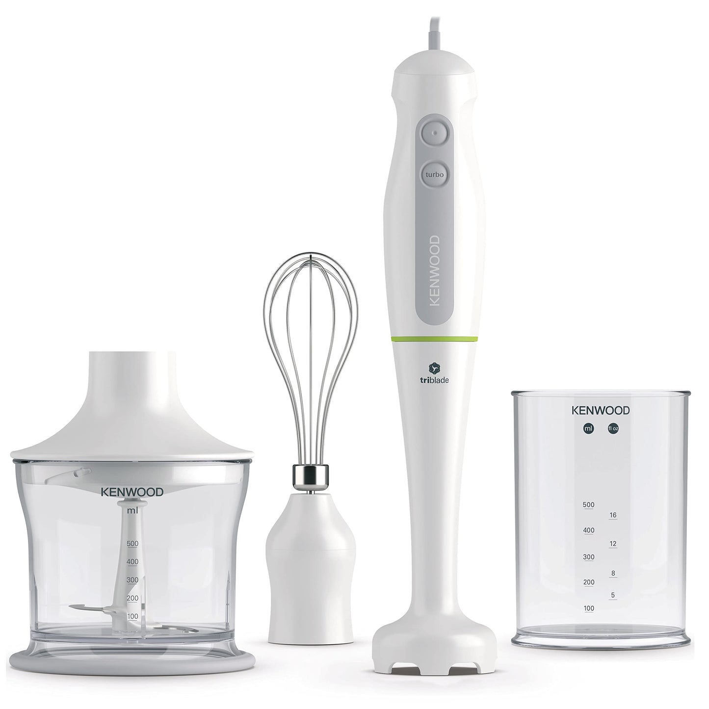 KENWOOD Hand Blender Metal Wand 600W Stick with Graduated Beaker, Turbo Function, Removable for Easy Cleaning HBM02.001WH White/Silver