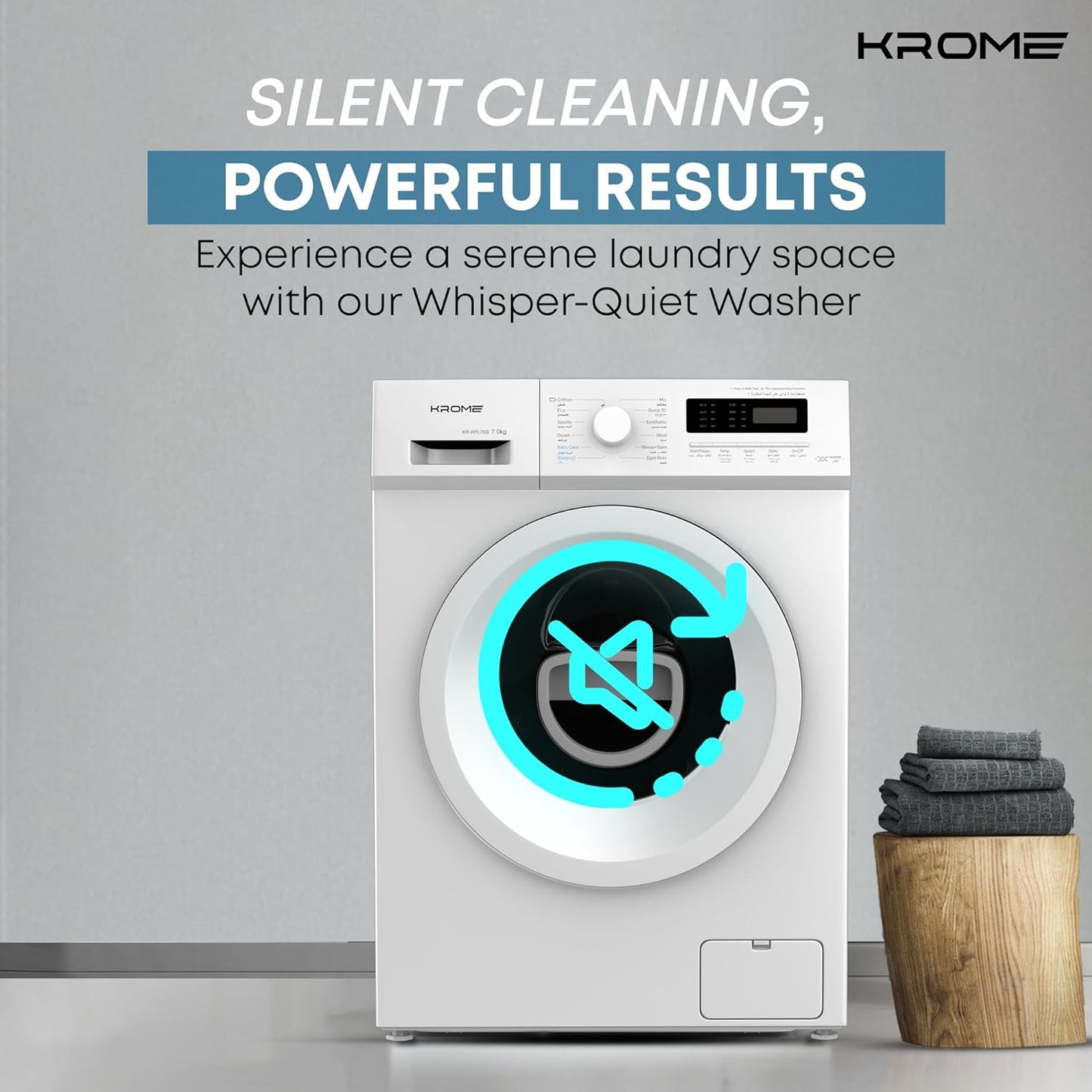 KROME 7Kg 1400 RPM Front Loading Washing Machine, LED Display with BLDC Inverter Motor, 12 Wash Programs, 4 Star Energy Efficient with Variable Temperature Setting, White - KR-WFL70SI