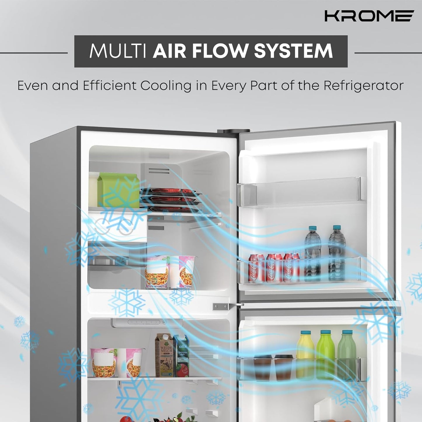 KROME 260L Gross,Double Door Top Mounted Refrigerator with Multi Air Flow System,No-Frost Cooling with Electronic Touch Temperature Control,Door Alarm, Silver, 10 Year Compressor Warranty-KR RFF 260SM