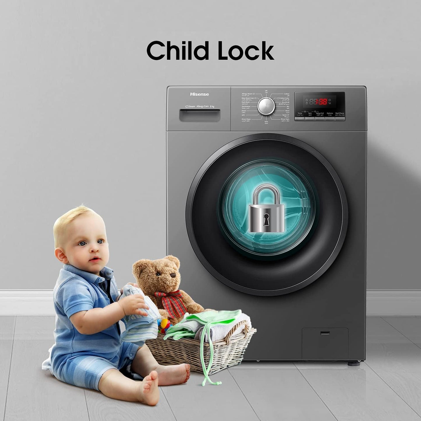 Hisense 8Kg Front Loading Washing Machine 1200 RPM Silver Model WFPV8012EMT -1 Years Full Warranty.