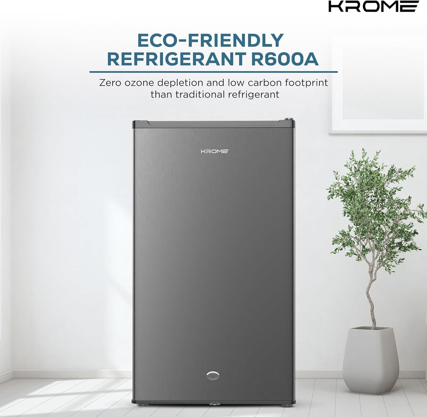 KROME 60L Gross, Single Door Compact Refrigerator, Energy Class A+, Reversible Door, Mini Fridge Suitable for Kitchen, Bedroom Office & Minibar, INOX Color, 5 Year Compressor Warranty- KR-RDC60H