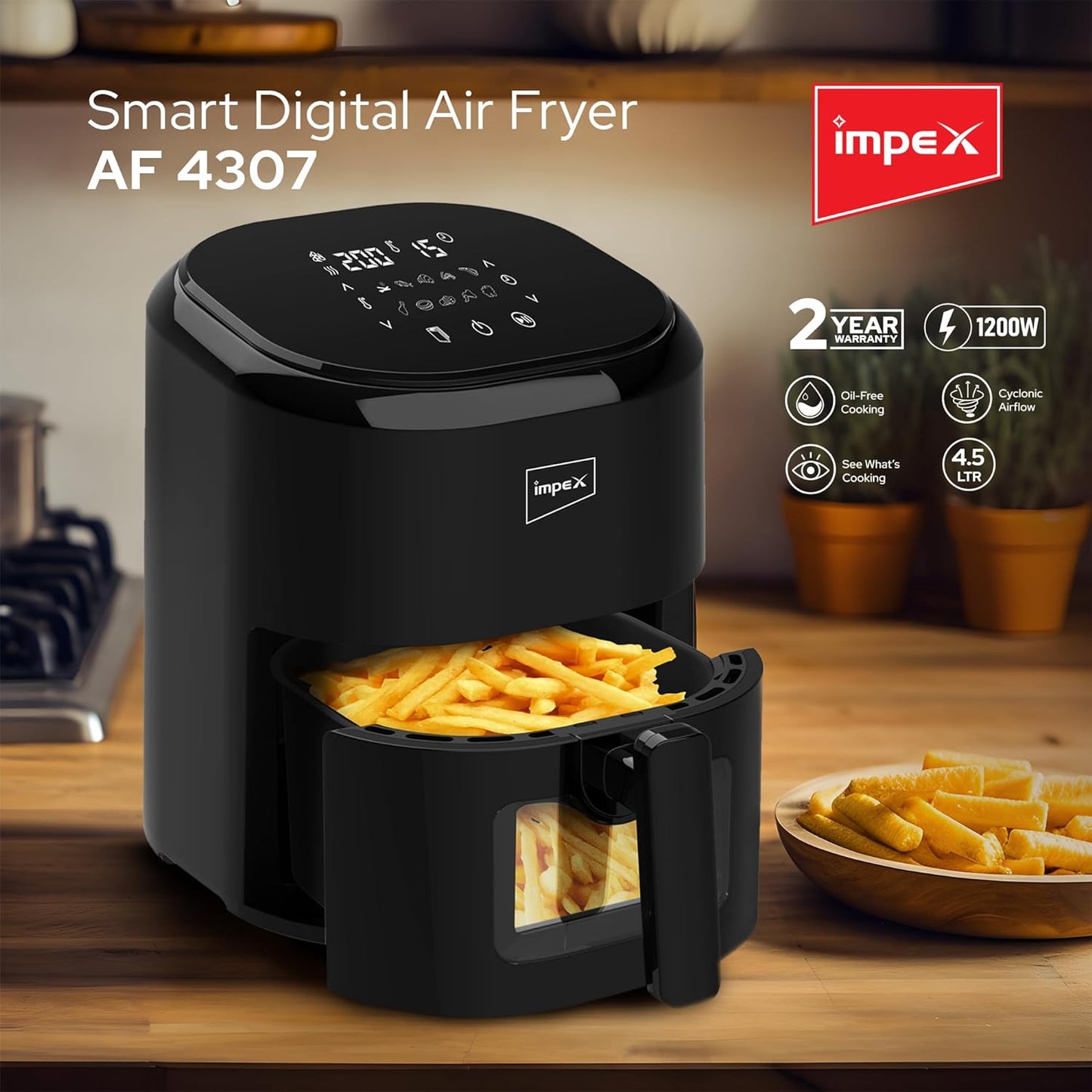 Impex AF 4307 Air Fryer With Adjustable Temperature Control, Overheating Protection 4.5 L 1200W Black