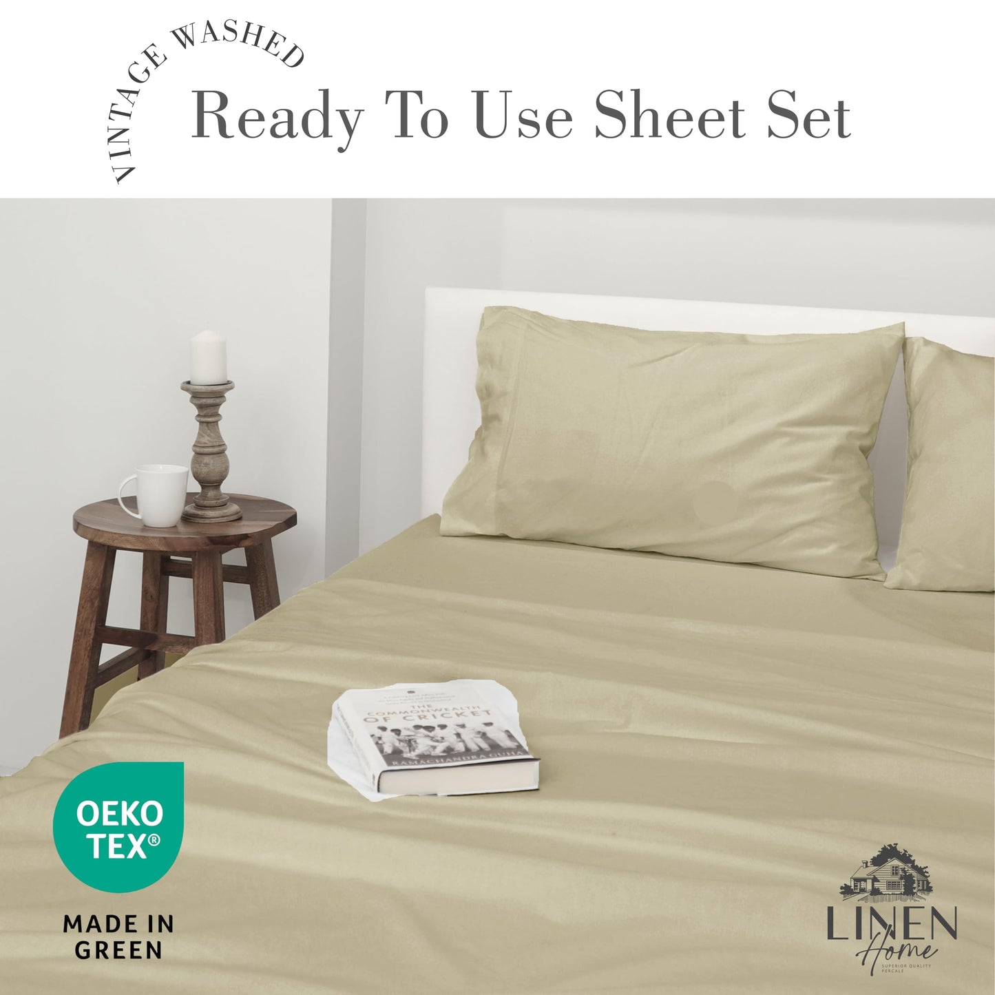 Linen Home Washed Cotton Percale Twin Sheet Set, Charcoal, Preshrunk, 3 Pieces Sets - 1 Flat, 1 Deep Pocket Fitted Sheet & 1 Envelope Closure Pillowcase, Soft, Cool and Comfortable Bed Linen