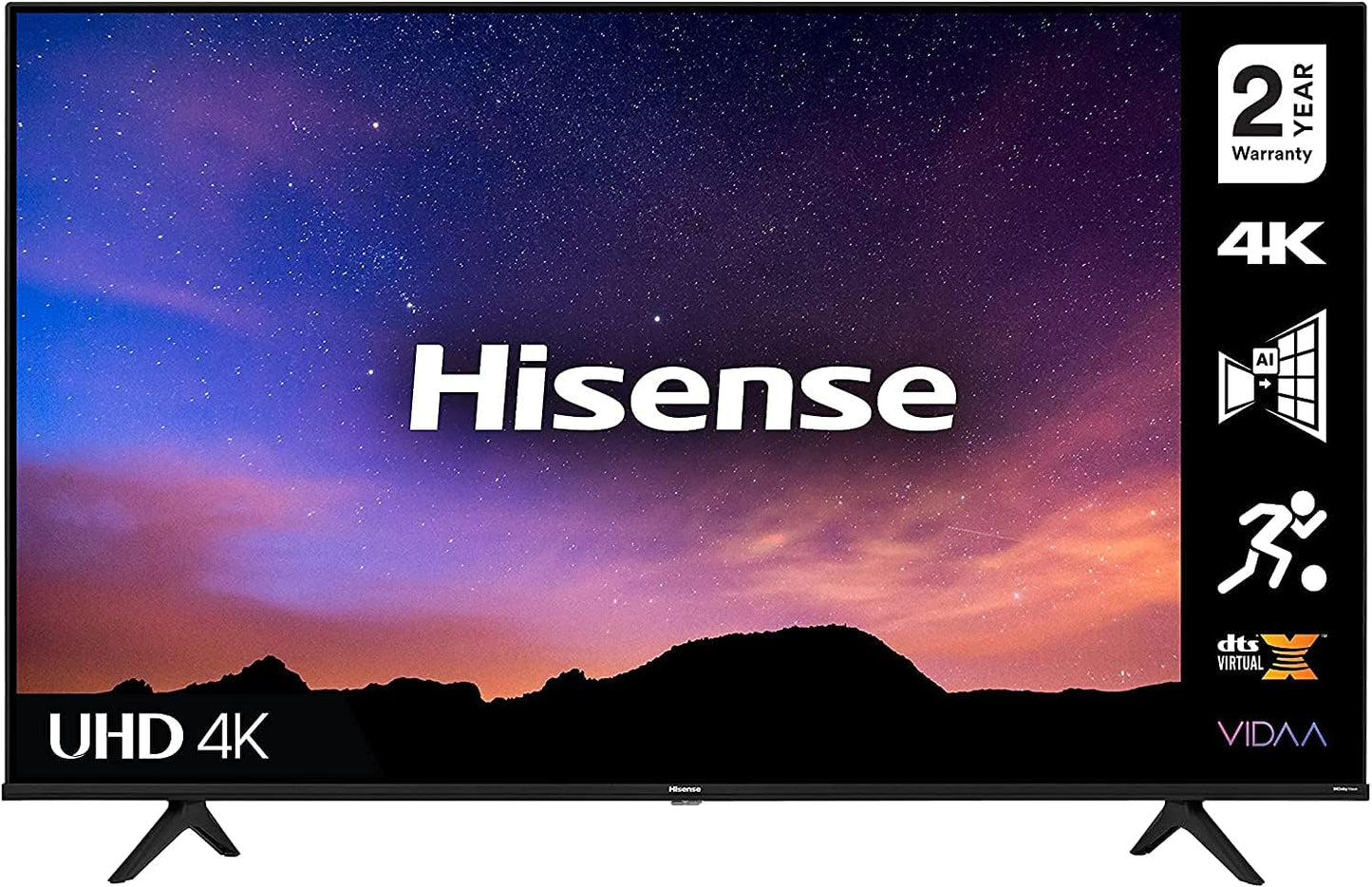 Hisense 50 Inch TV 4K UHD Smart TV, With Dolby Vision HDR, DTS Virtual X, YouTube, Netflix, Freeview Play & Alexa Built-in, Bluetooth & WiFi Black Model 50A61GTUK - 1 Year Full Warranty.