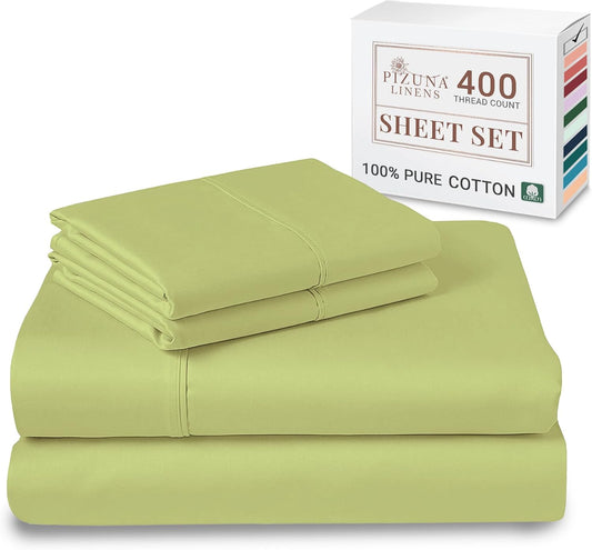 Pizuna Pure 100% Cotton Short King Sheets For RV Light Green, Luxurious 400 Thread Count Long Staple Cotton Sateen Cooling RV King Short Sheets - 4 PC