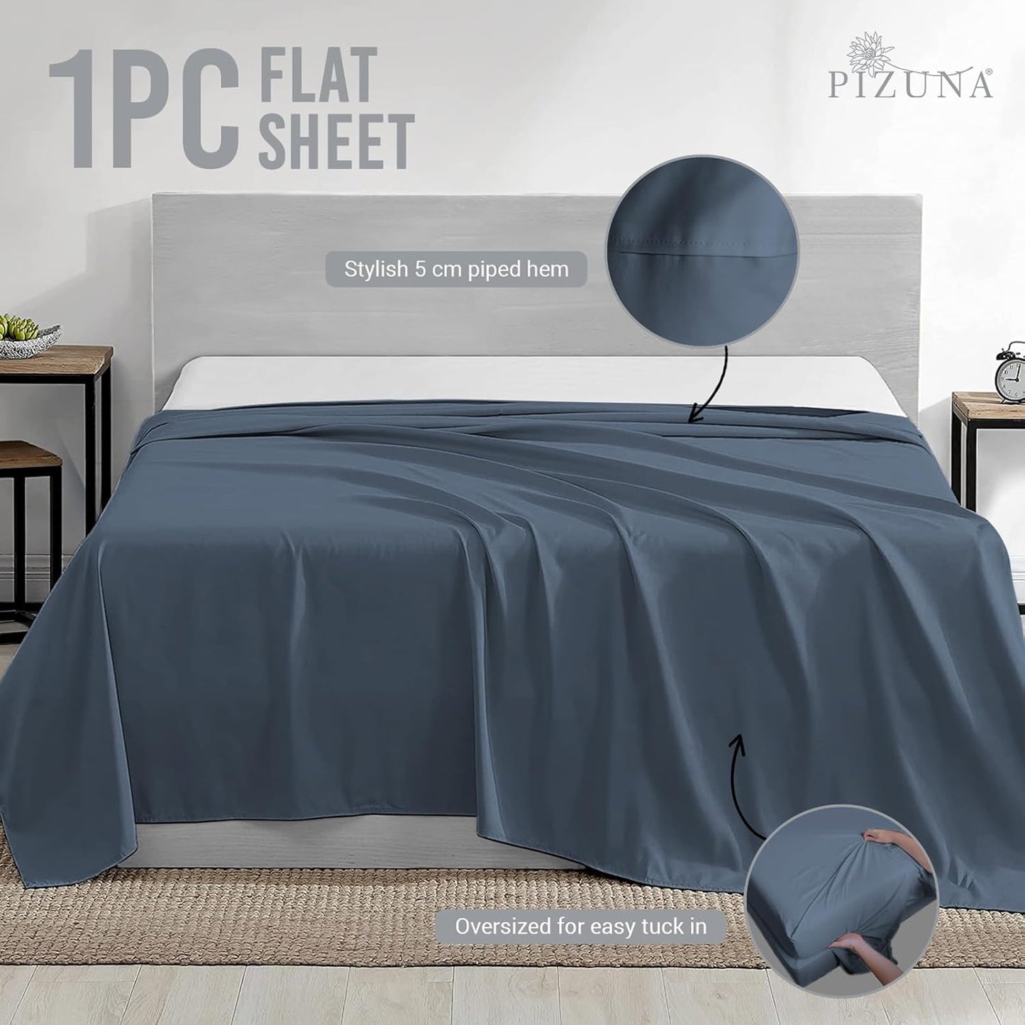 Pizuna Pure 100% Cotton Flat Sheets Only Full Silver (1 PC), 600 Thread Count Long Staple Cotton Crisp Sateen Weave with 4" Hem (Combed Full Flat Sheet Only Cotton)