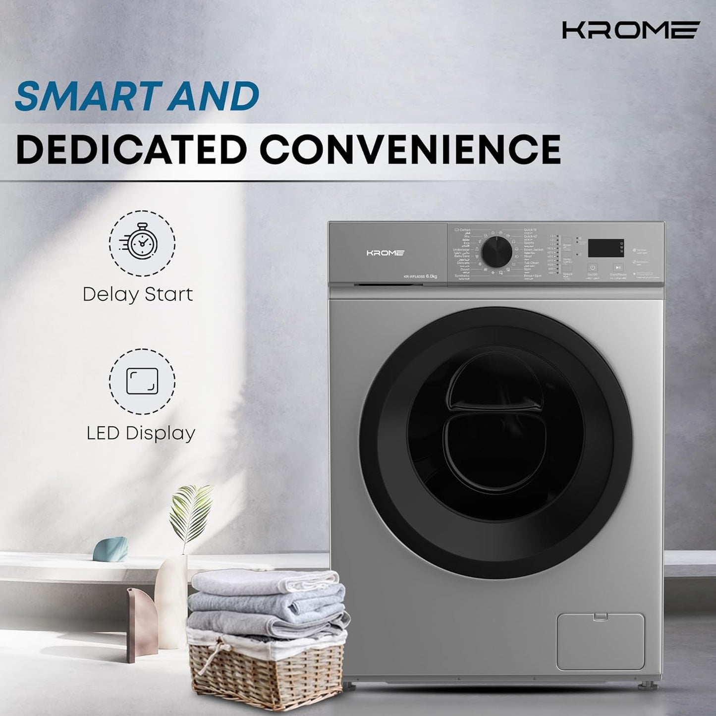 KROME 6Kg 1000 RPM Front Load Washing Machine, LED Display with Universal Motor, 5 Star Energy Efficient, 16 Wash Programs with Variable Temperature Setting,5 Year Motor Warranty White - KR-WFL60S