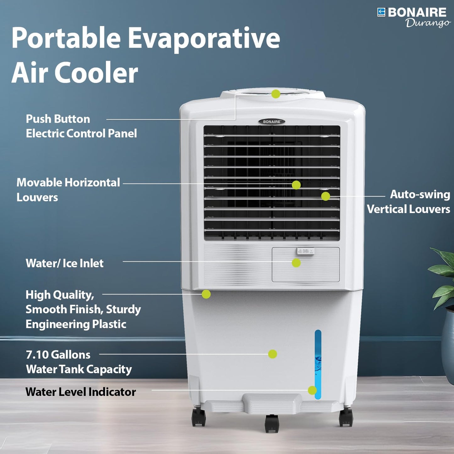 Bonaire Portable Air Conditioner 350 CFM Evaporative Air Cooler for Home Bedroom Office Indoor with Touch Control Panel and Remote, Closable Louvers, 3 Gallon, K350