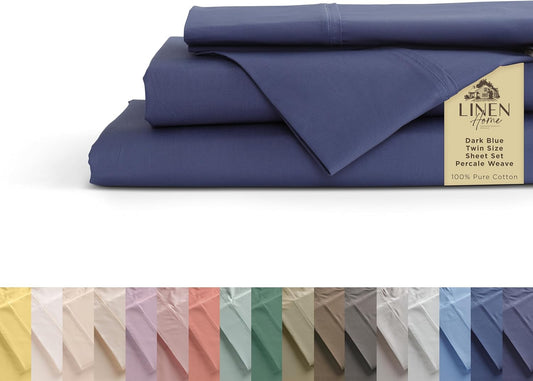 Linen Home 100% Cotton Percale Sheets Twin Size, Dark Blue, Deep Pocket, 3 Pieces Set - 1 Flat, 1 Deep Pocket Fitted Sheet and 1 Pillowcase, Crisp Cool and Strong Bed Linen