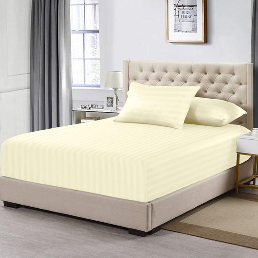 Pizuna Cream Dobby Striped Cotton Full Size Fitted Sheet 1 Pc, 300 Thread Count Long Staple 100% Cotton Damask Full Size Fitted Sheet Only of 15 Inch Deep Pocket (Cream Striped Full Size Sheets 1 Pc)